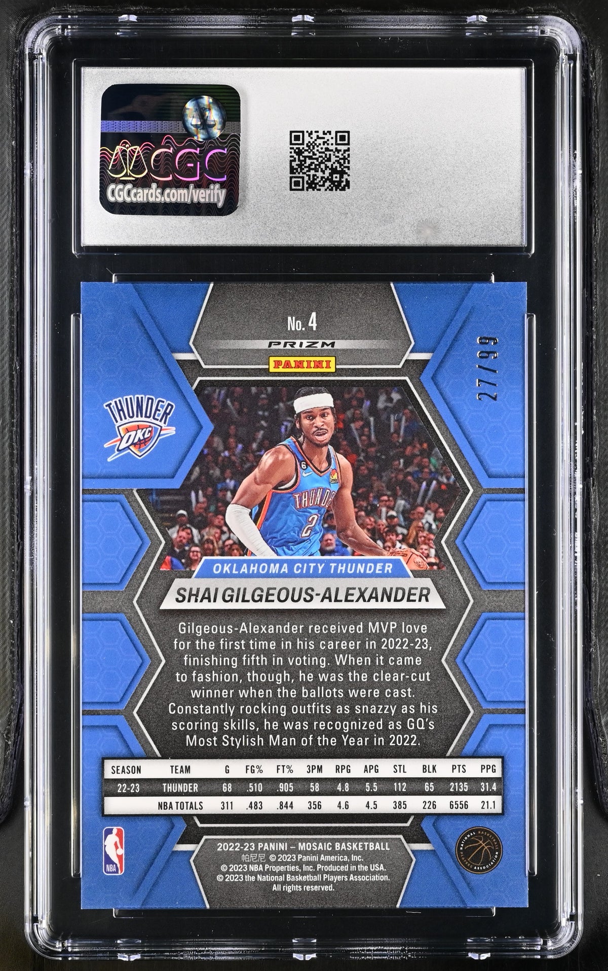2022-23 Panini Mosaic Shai Gilgeous-Alexander Purple /99 #4 CGC 9.5 Thunder