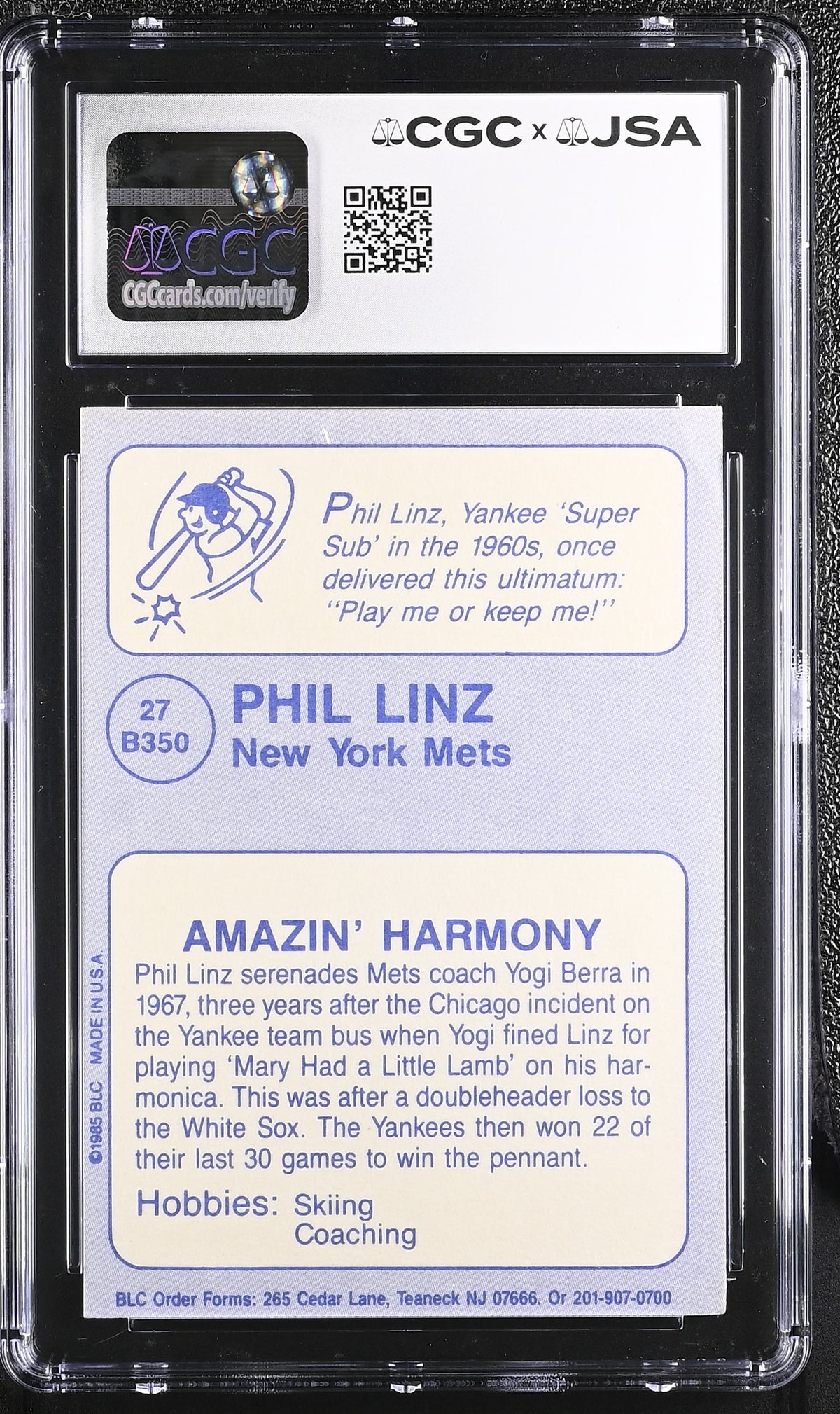 Custom Card Signature Card Phil Linz Auto Autograph CGC Authentic JSA Mets