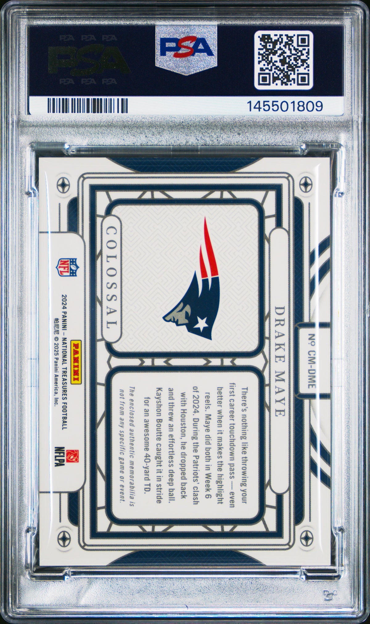 2024 Panini National Treasures Colossal Materials Drake Maye /49 Rookie PSA 8