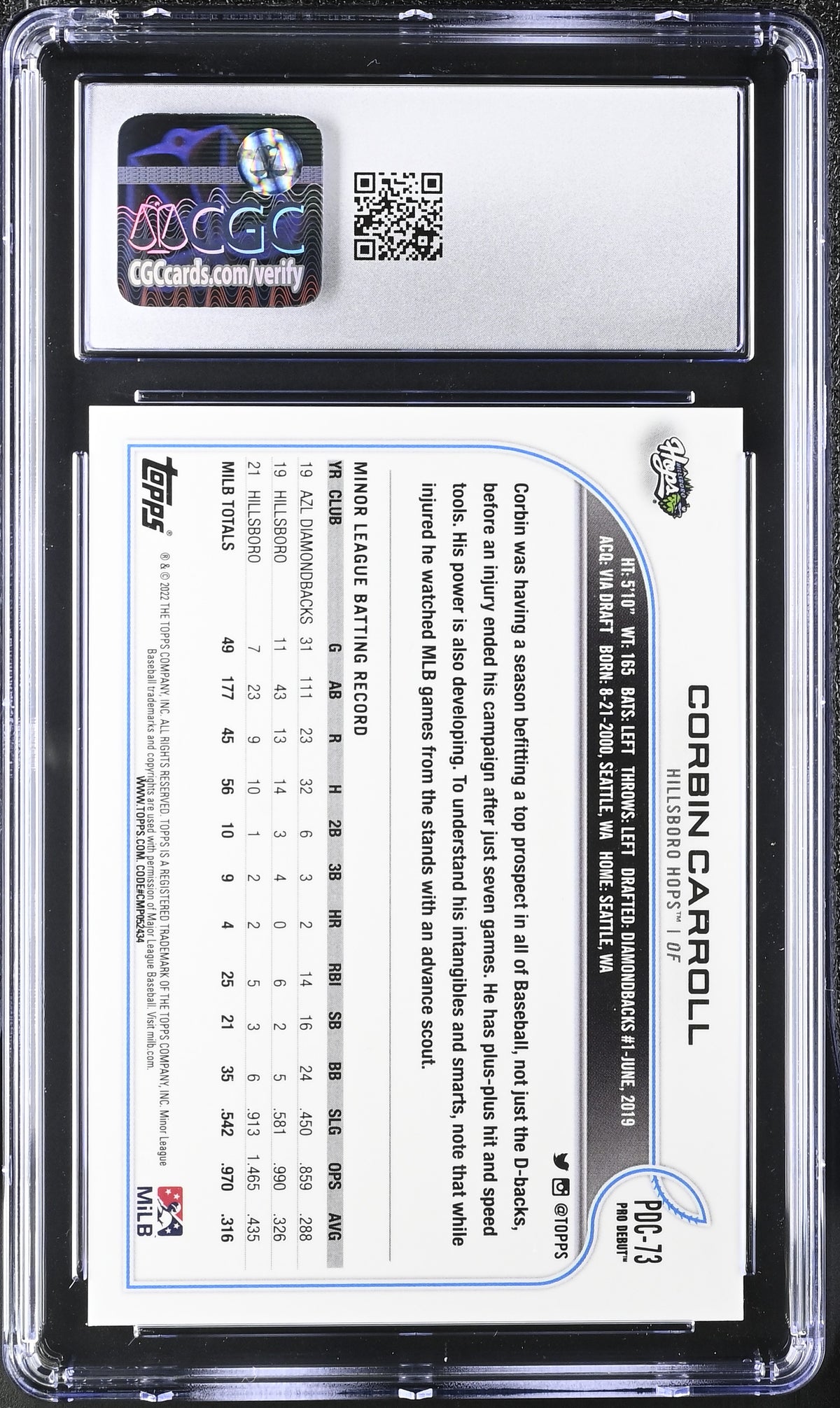 2022 Topps Pro Debut Corbin Carroll Rookie Chrome #PDC-73 CGC 10 Hillsboro Hops