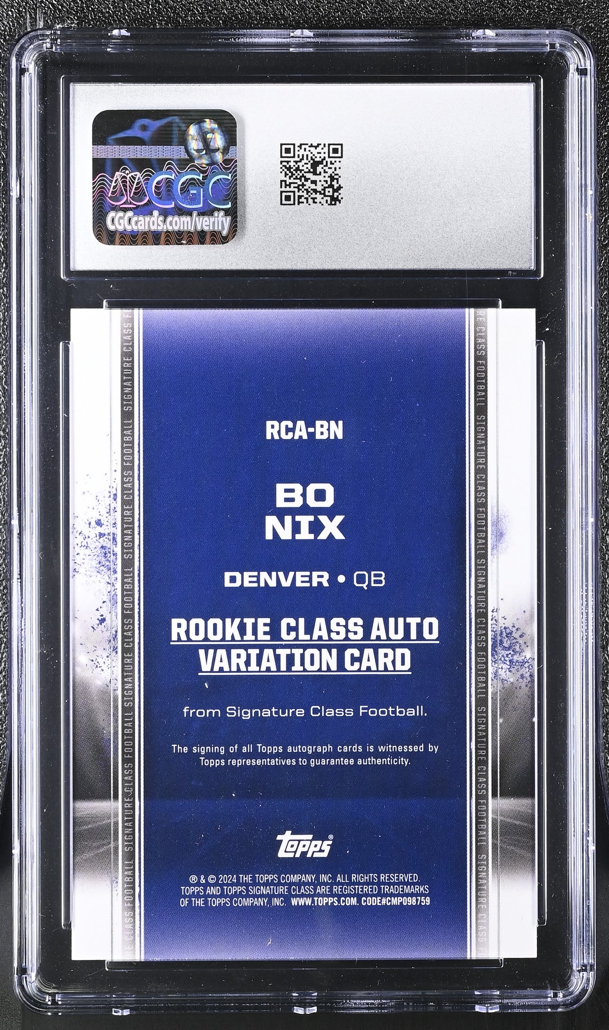2024 Topps Signature Class Bo Nix Teal /225 Rookie Auto #RCA-BN CGC 10 Broncos
