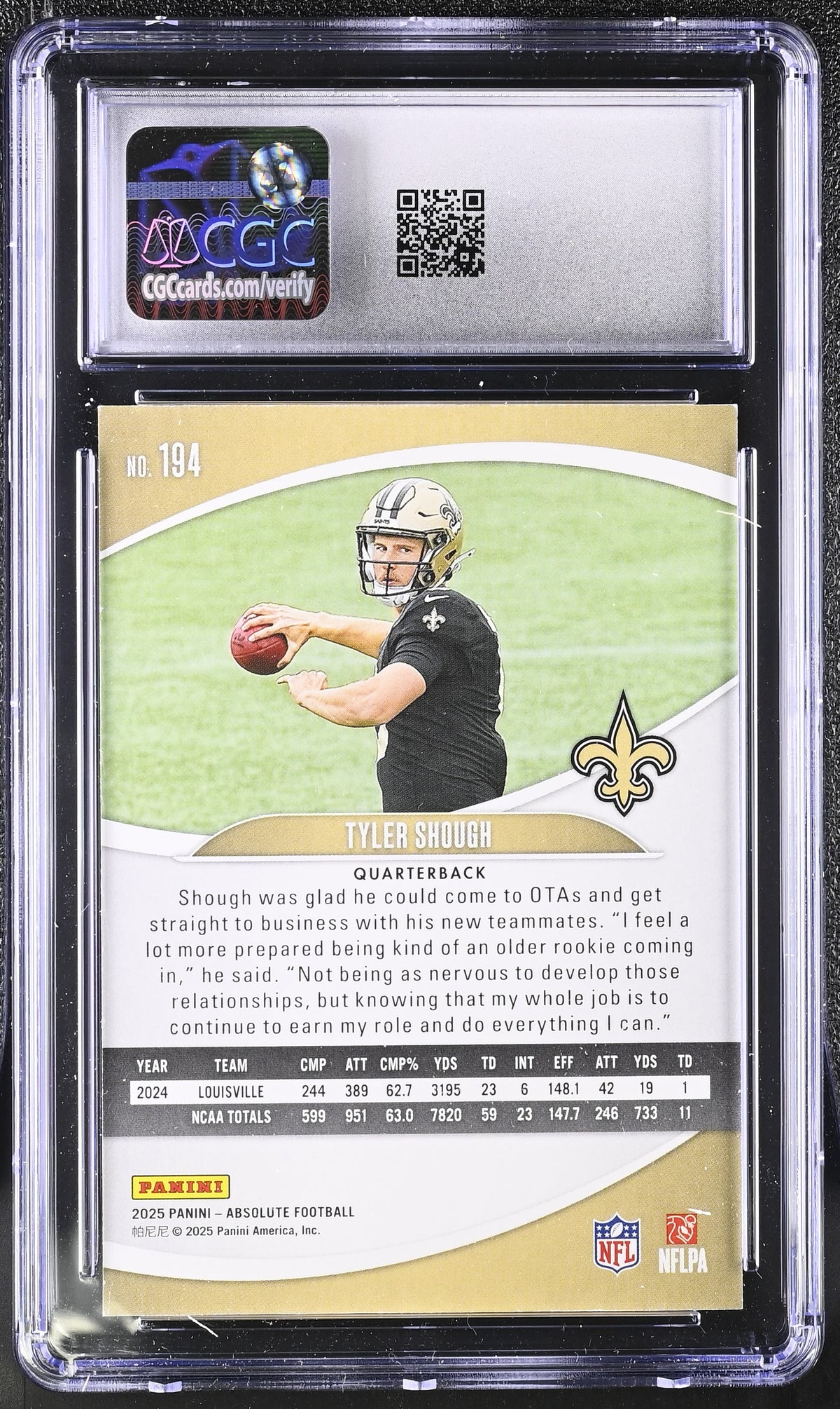 2025 Panini Absolute Tyler Shough Spectrum Orange /150 Rookie #194 CGC 9 Saints