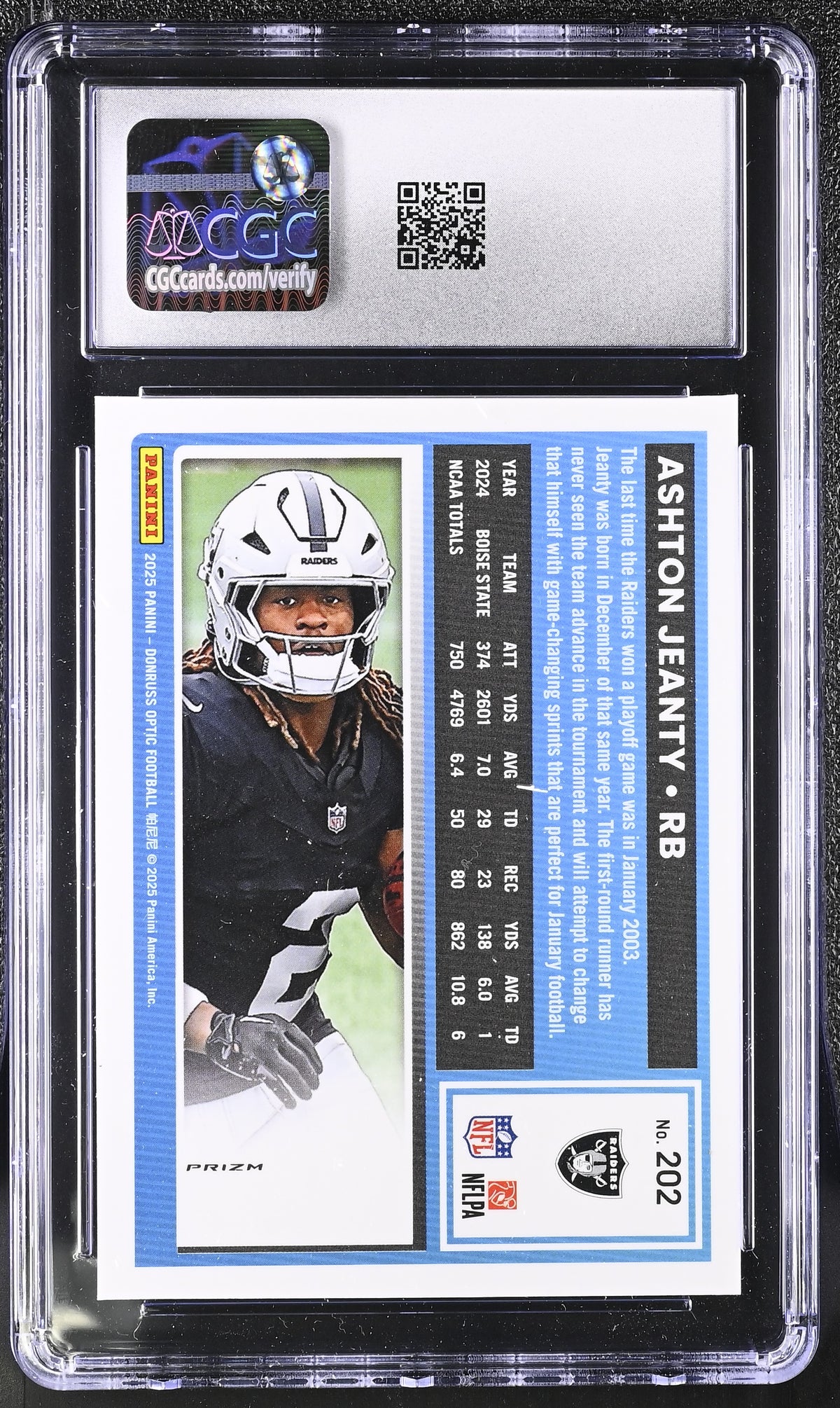 2025 Donruss Optic Ashton Jeanty Holo Rookie #202 CGC 9 Las Vegas Raiders