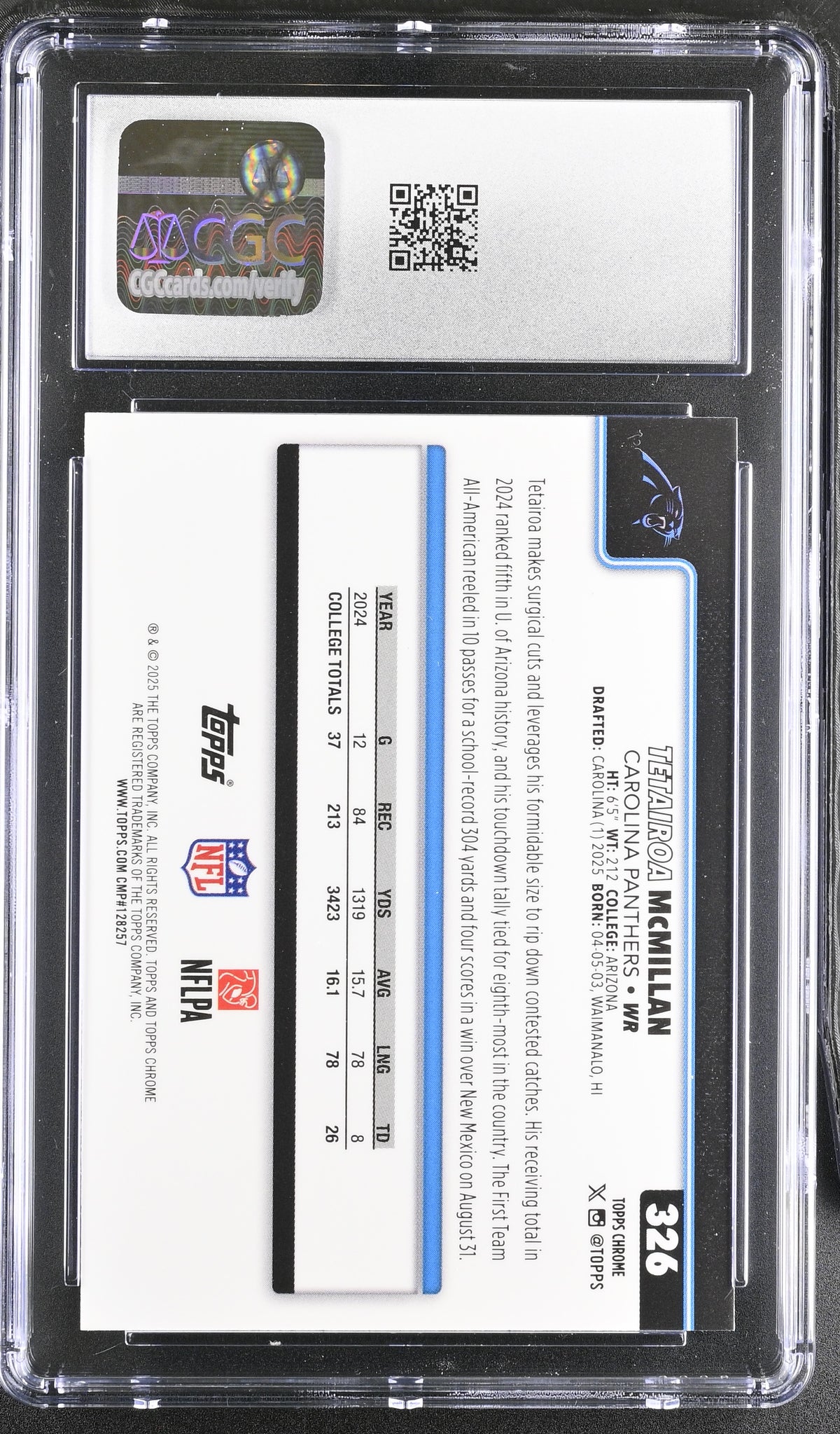 2025 Topps Chrome Tetairoa McMillan Red White & Blue Rookie #326 CGC 10 Panthers