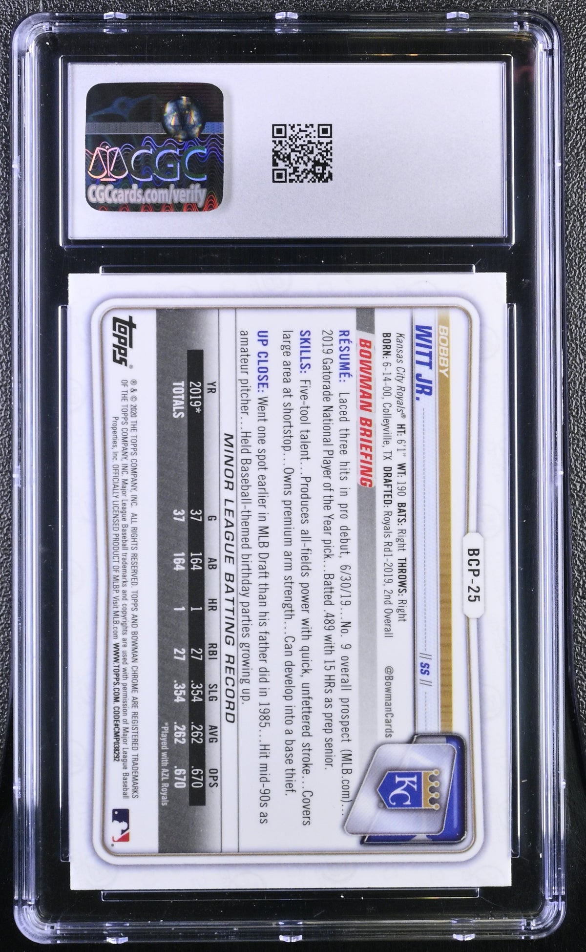 2020 Bowman Bobby Witt Jr. #BCP-25 Chrome Prospects CGC 9.5