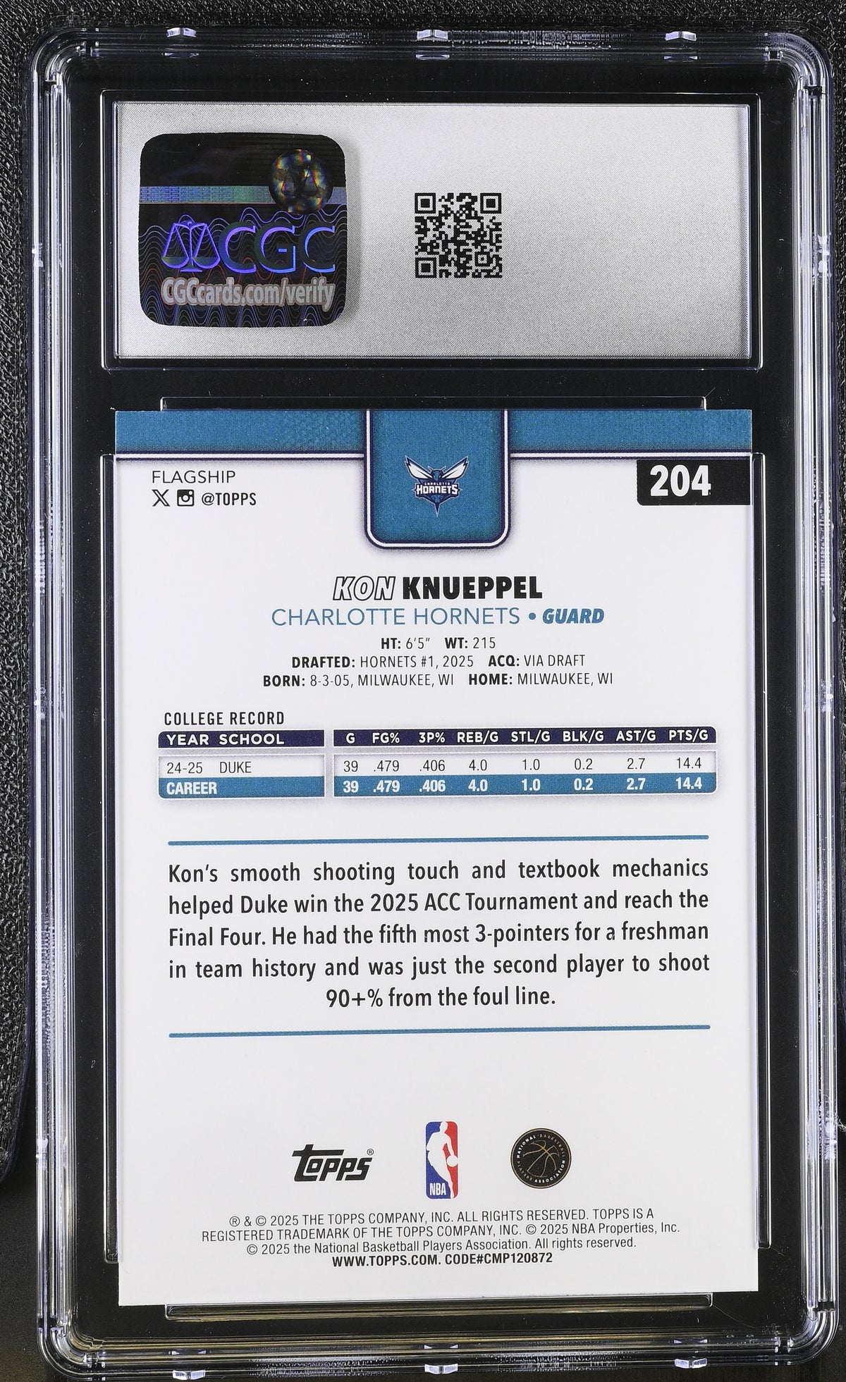 2025-26 Topps Kon Knueppel Rookie #204 CGC 10 Charlotte Hornets