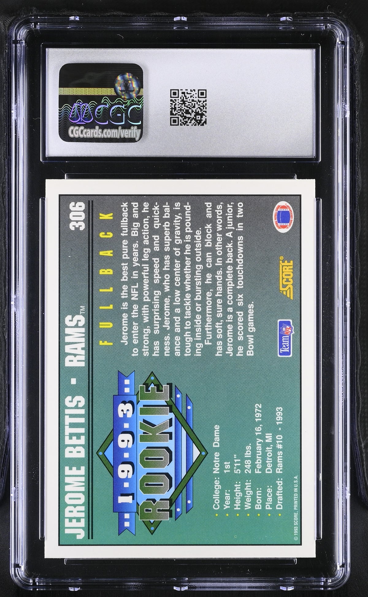 1993 Score Jerome Bettis Rookie #306 CGC 10 Los Angeles Rams
