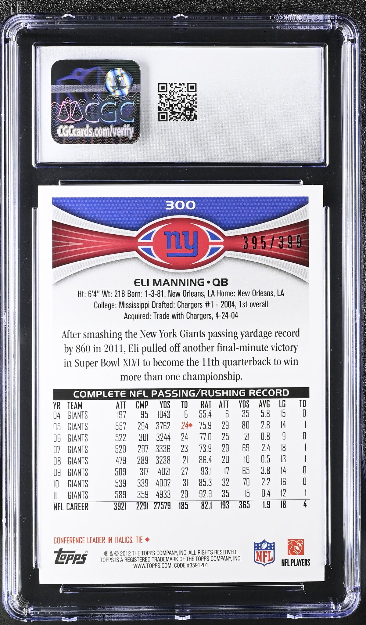 2012 Topps Eli Manning Camo /399 #300 CGC 9.5 New York Giants