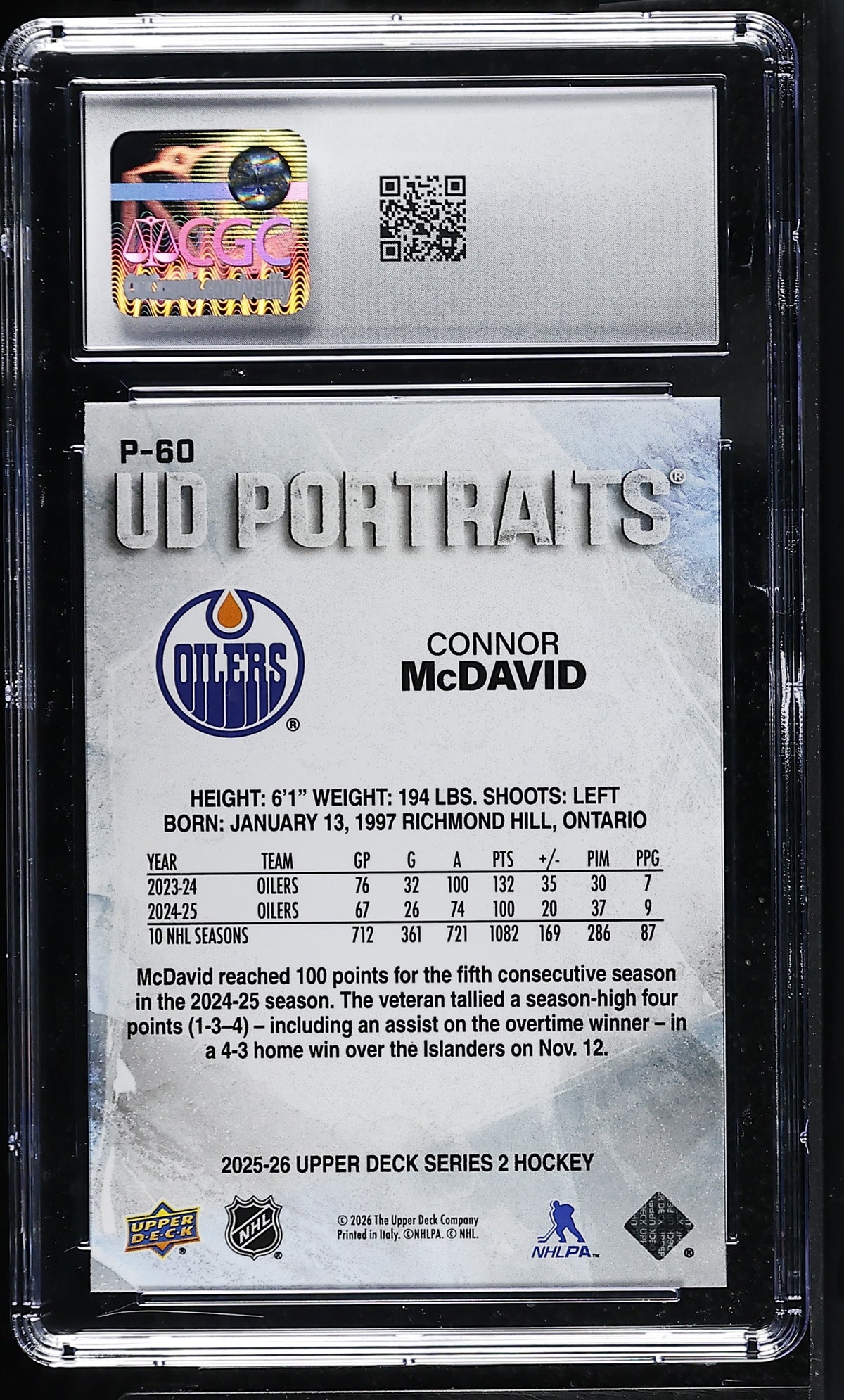 2025-26 Upper Deck Connor McDavid UD Portraits #P-60 CGC 10 Edmonton Oilers