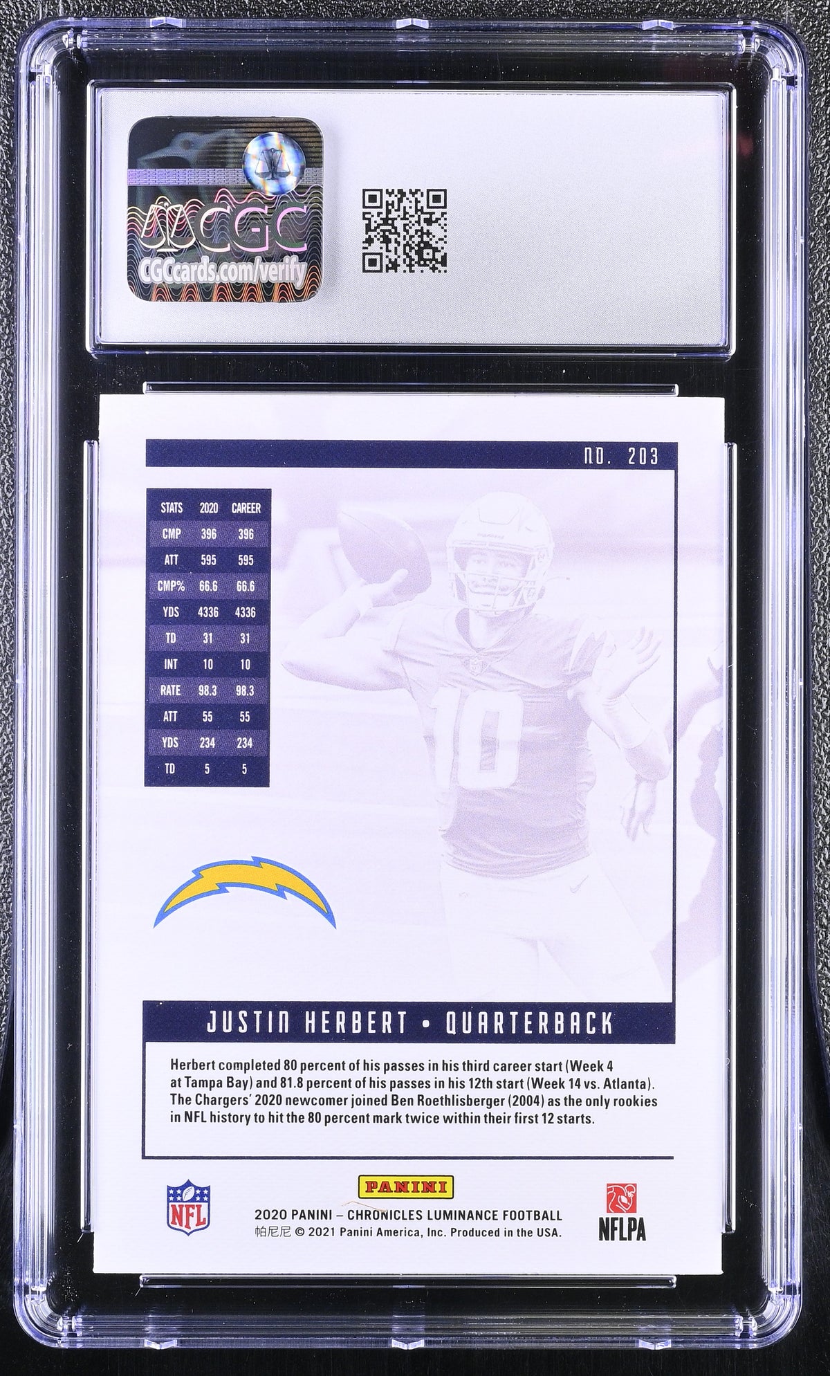 2020 Panini Chronicles Justin Herbert Rookie Luminance #203 CGC 9.5 Chargers