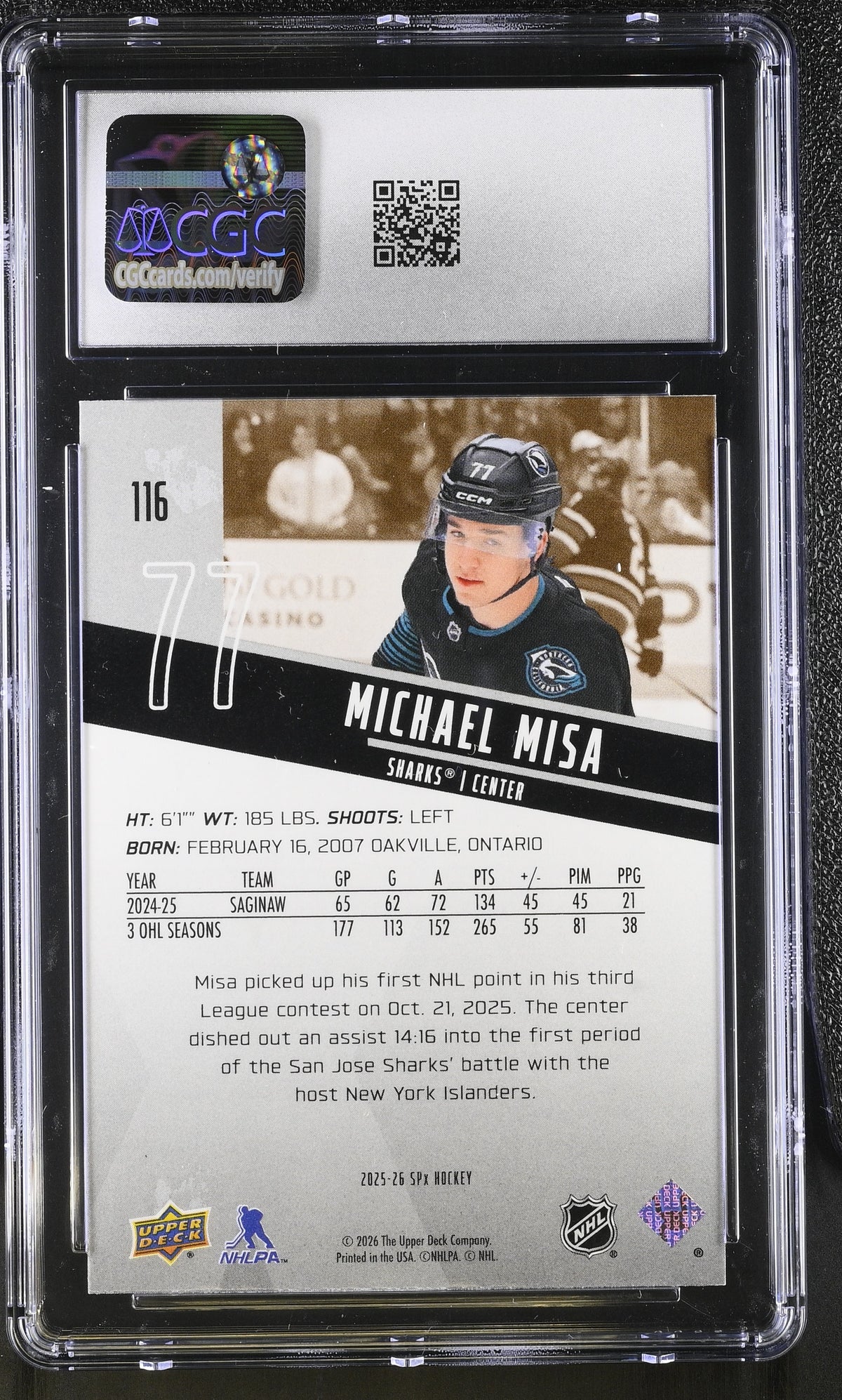 2025-26 SPX Michael Misa Rookie #116 CGC 10 San Jose Sharks