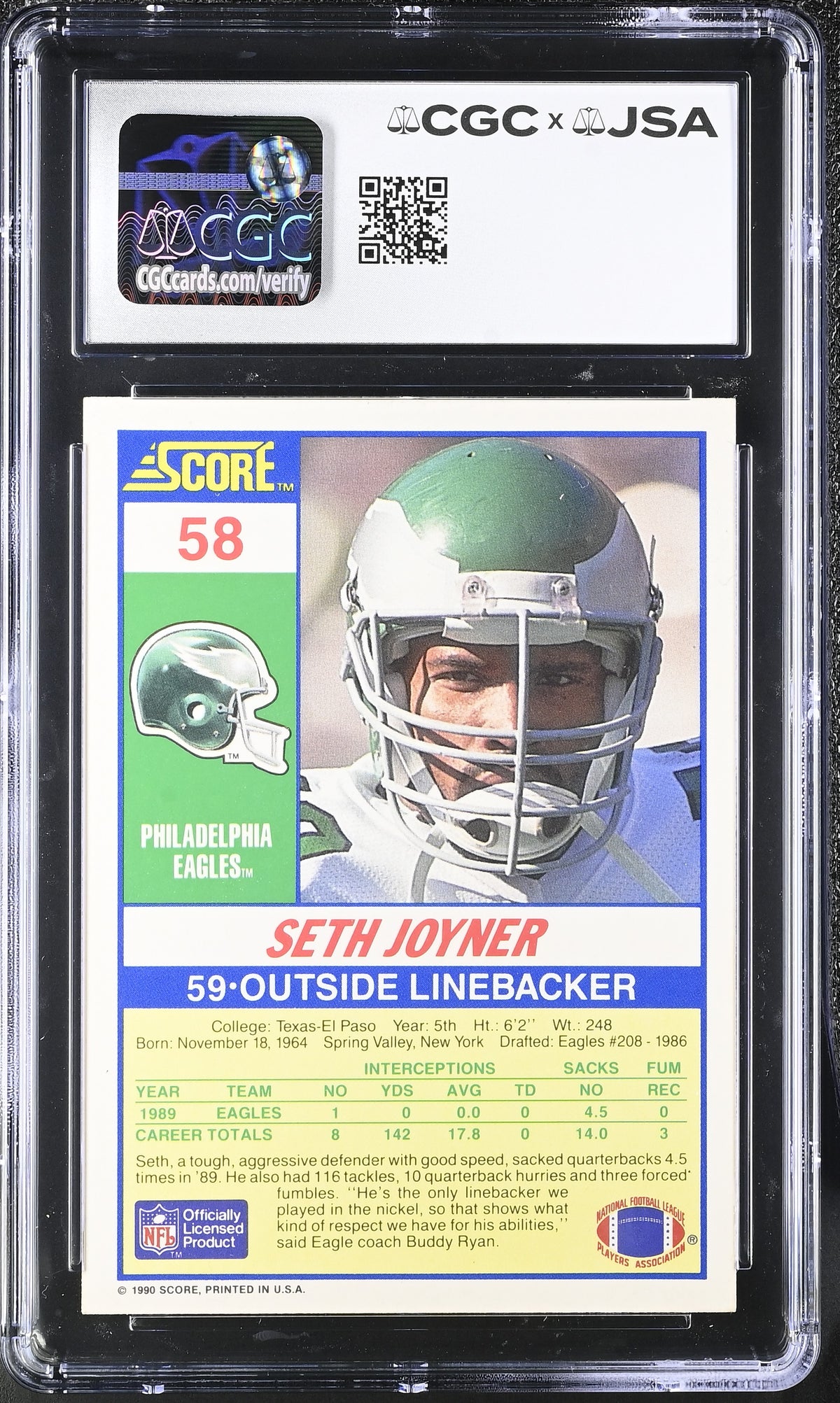 1990 Score Seth Joyner Autograph #58 CGC Authentic JSA Philadelphia Eagles