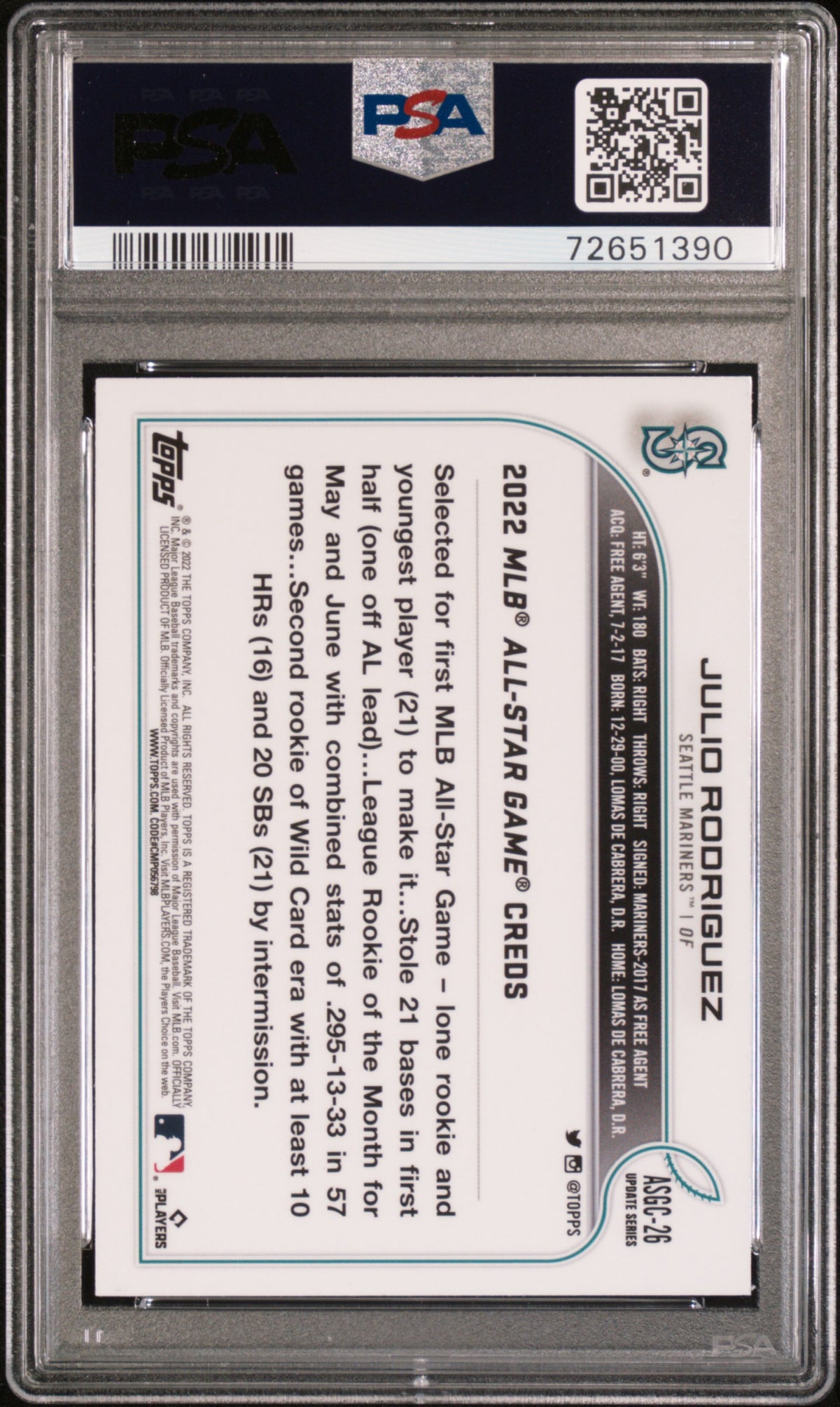 2022 Topps Chrome Update All-Star Game Julio Rodriguez Rookie #26 PSA 9 Mariners
