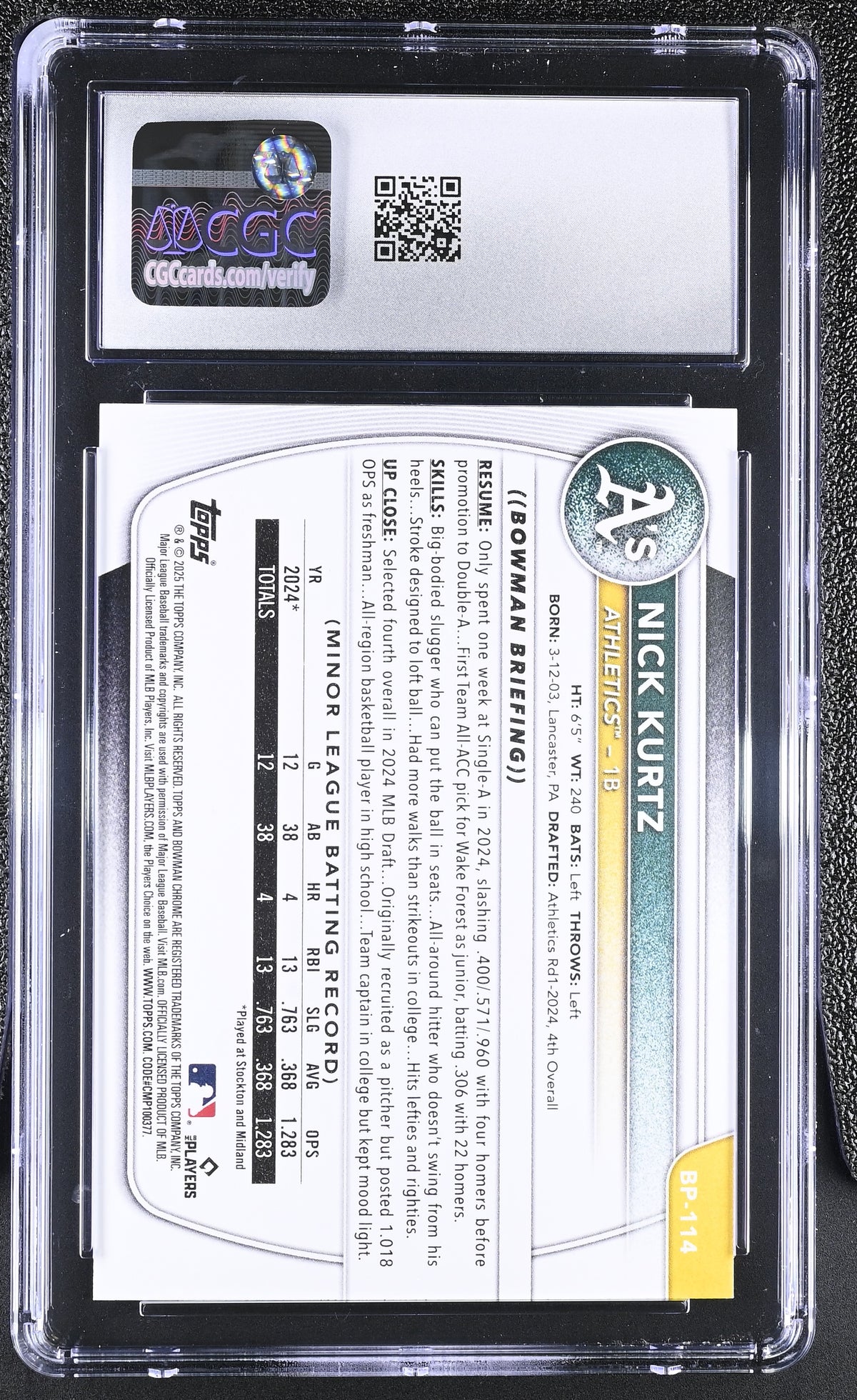 2025 Bowman Nick Kurtz Rookie Prospects #BP-114 CGC 10 Oakland Athletics