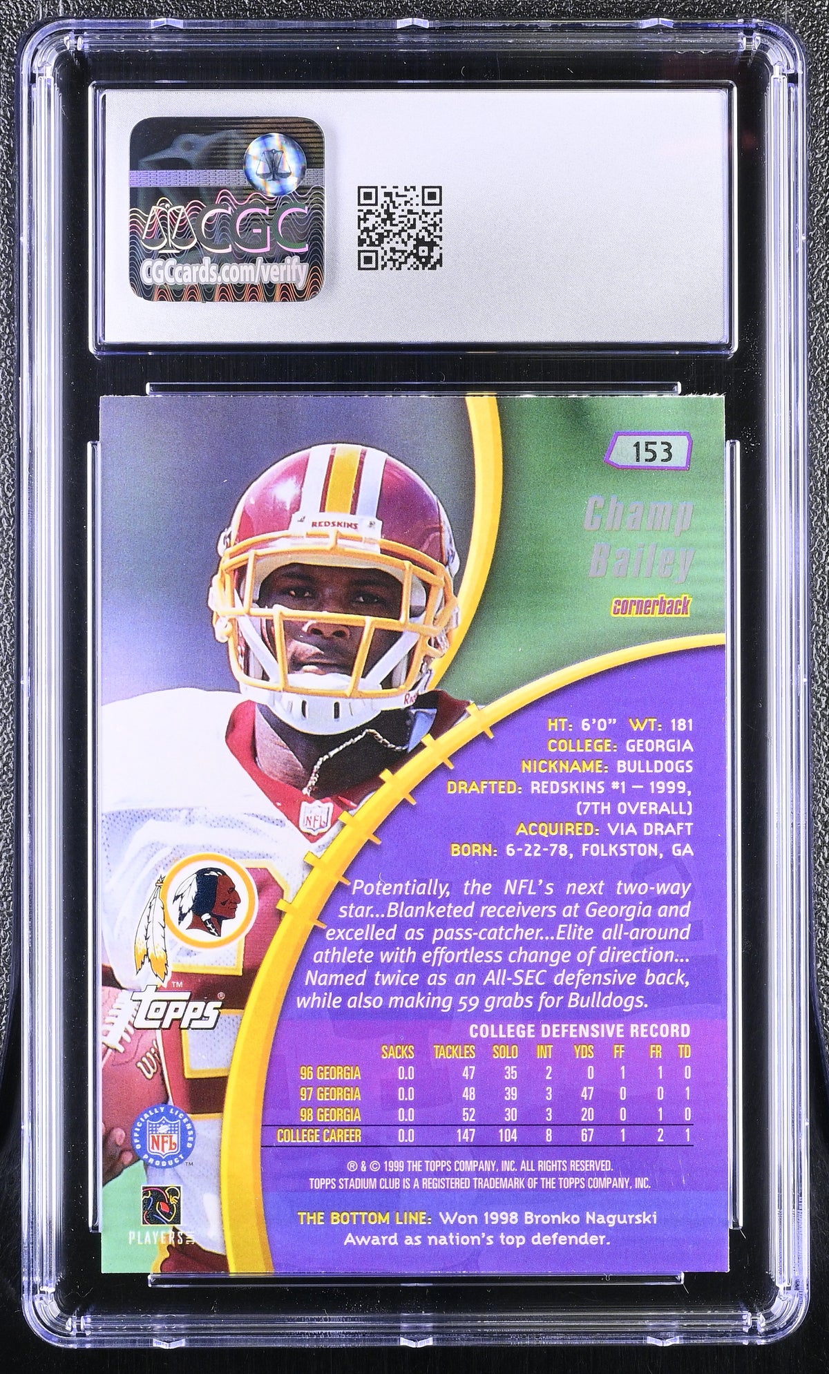 1999 Stadium Club Champ Bailey Rookie #153 CGC 10 Washington Redskins