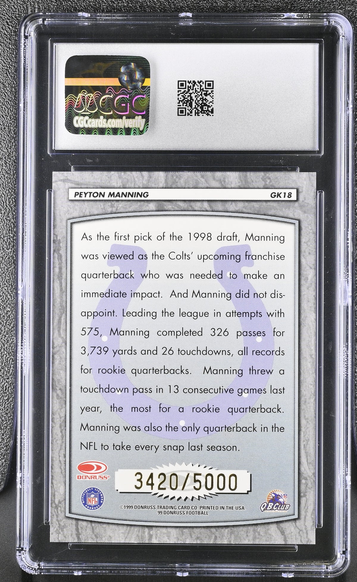 1999 Donruss Peyton Manning /5000 Gridiron Kings GK18 CGC 9.5 Indianapolis Colts