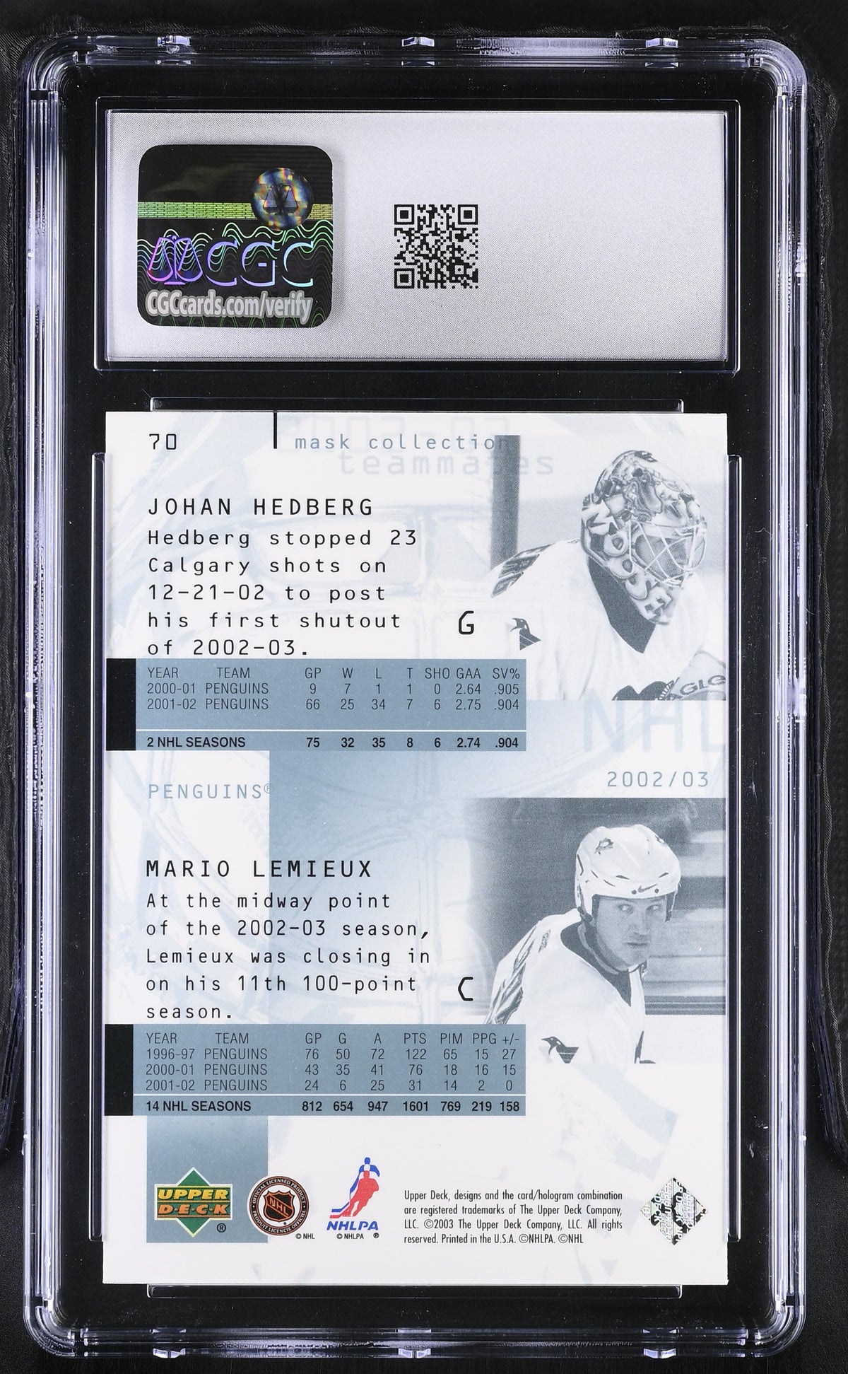 2002-03 UD Mask Collection Johan Hedberg/Mario Lemieux #70 CGC 9 Penguins