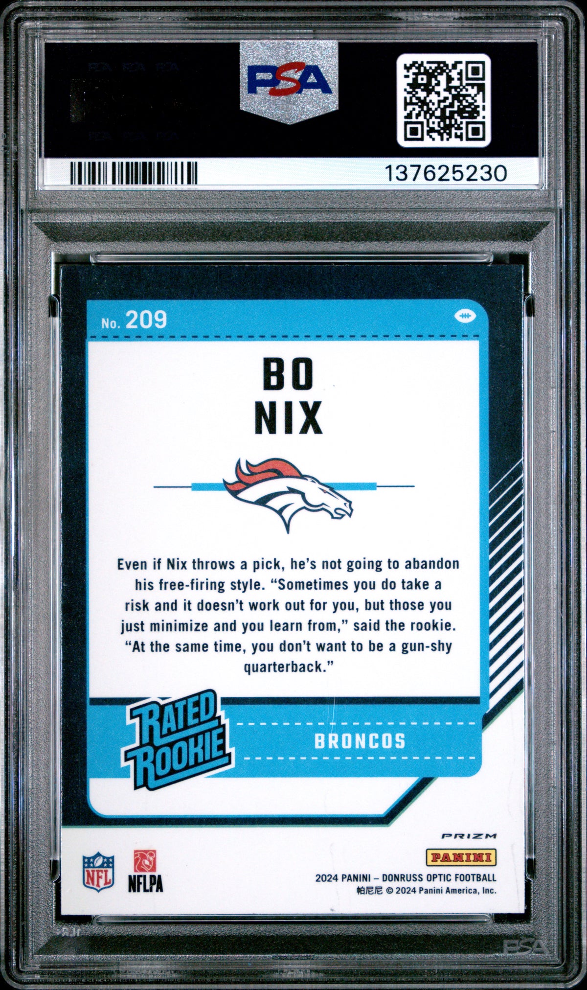 2024 Panini Donruss Optic Bo Nix Purple Scope Rookie #209 PSA 9 Denver Broncos