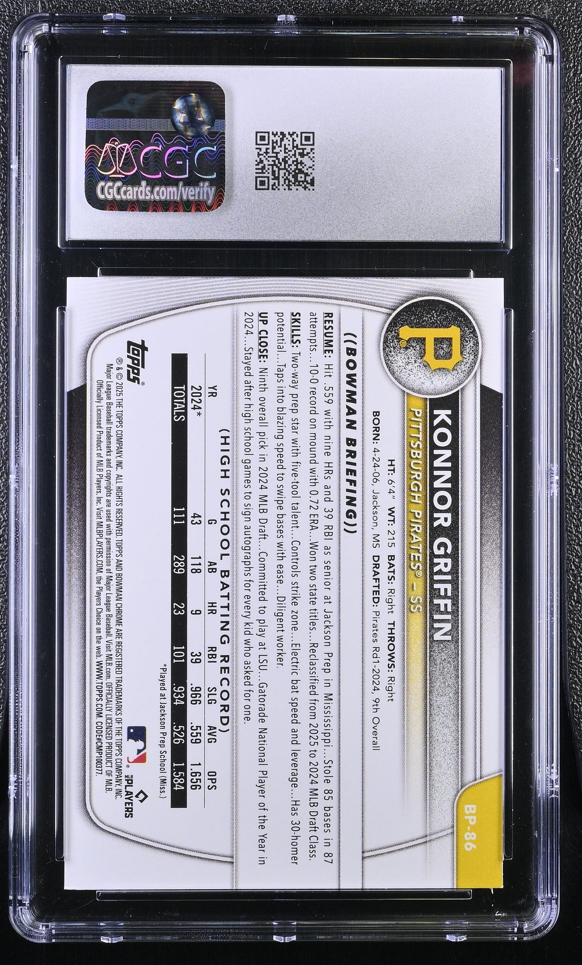 2025 Bowman Konnor Griffin Prospects #BP-86 CGC 9.5 Pittsburgh Pirates