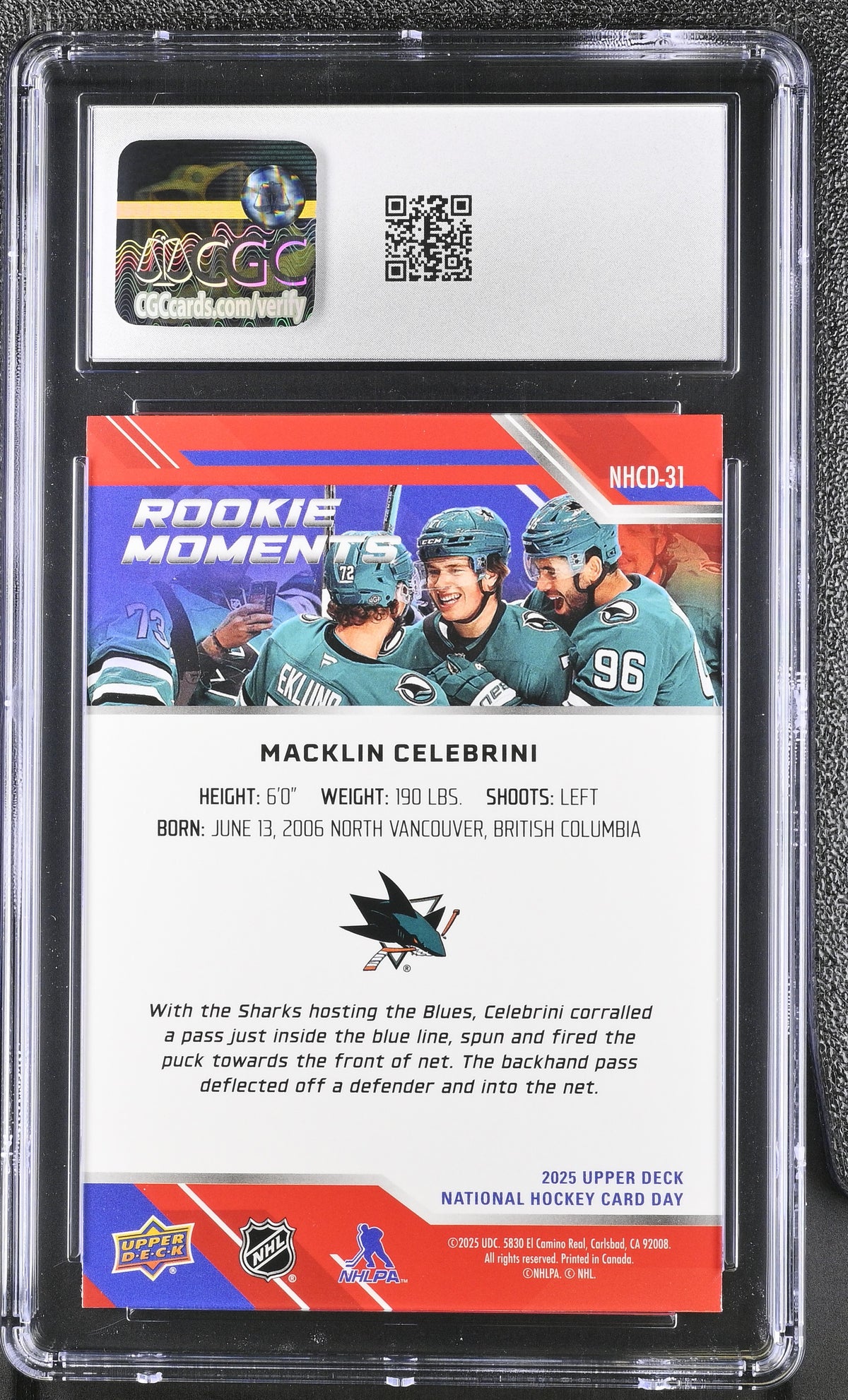 2025 UD Nat'l Hockey Card Day Macklin Celebrini #NHCD-31 CGC 10 San Jose Sharks