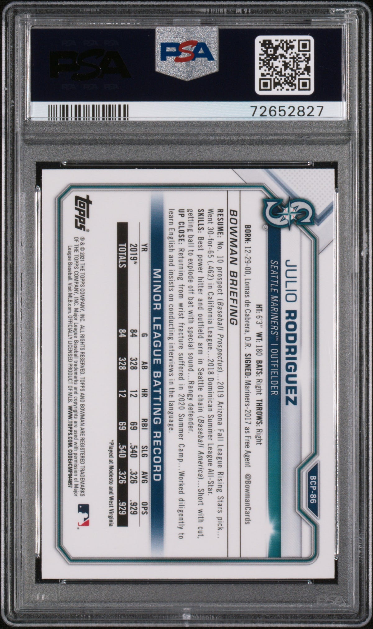 2021 Bowman Mega Box Chrome Julio Rodriguez Rookie #BCP86 PSA 10 Mariners