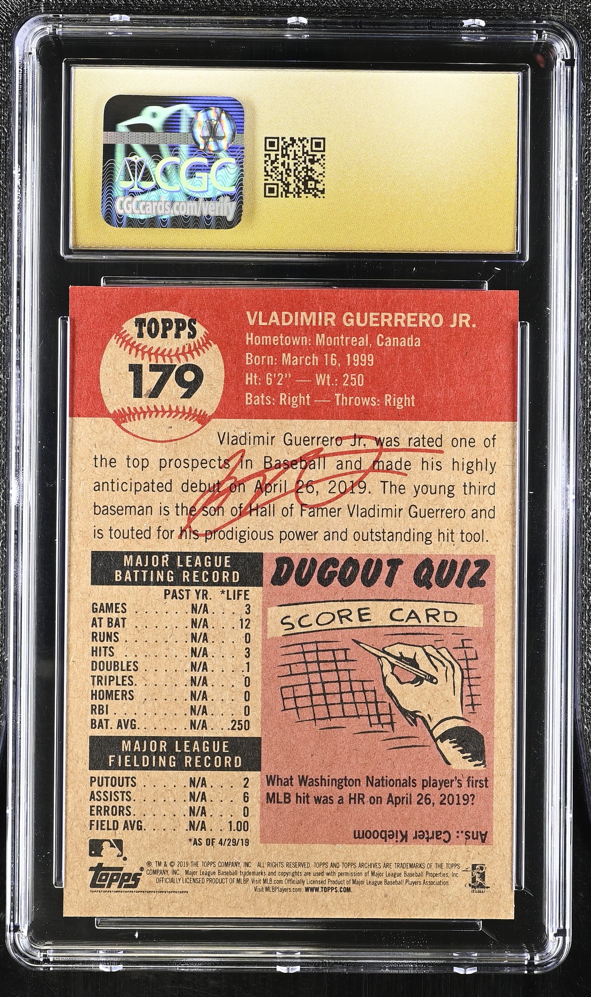 2019 Topps Living Set Vladimir Guerrero Jr. Rookie #179 CGC 10 Toronto Blue Jays