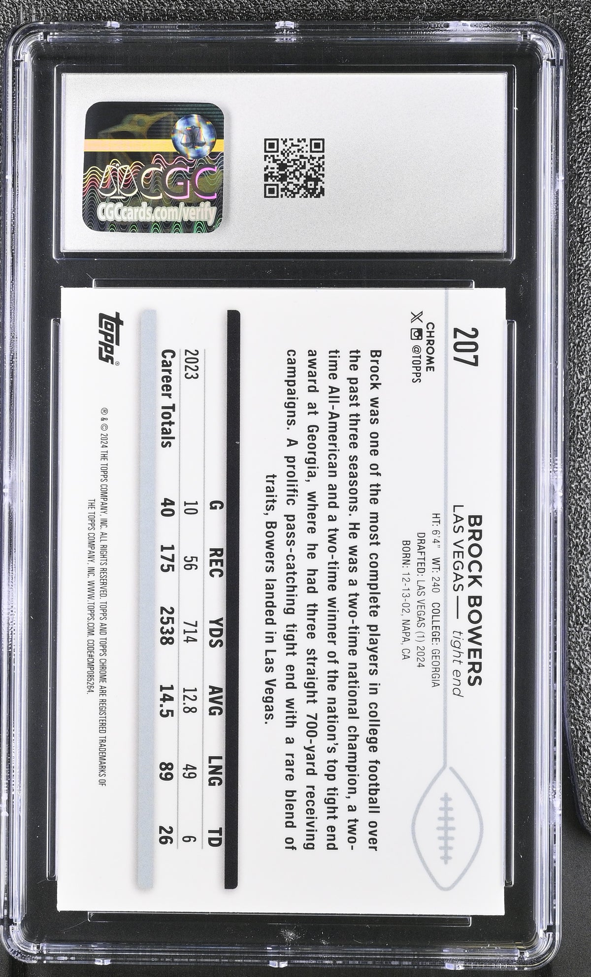 2024 Topps Chrome Brock Bowers X-Fractor #207 CGC 9.5 Las Vegas Raiders