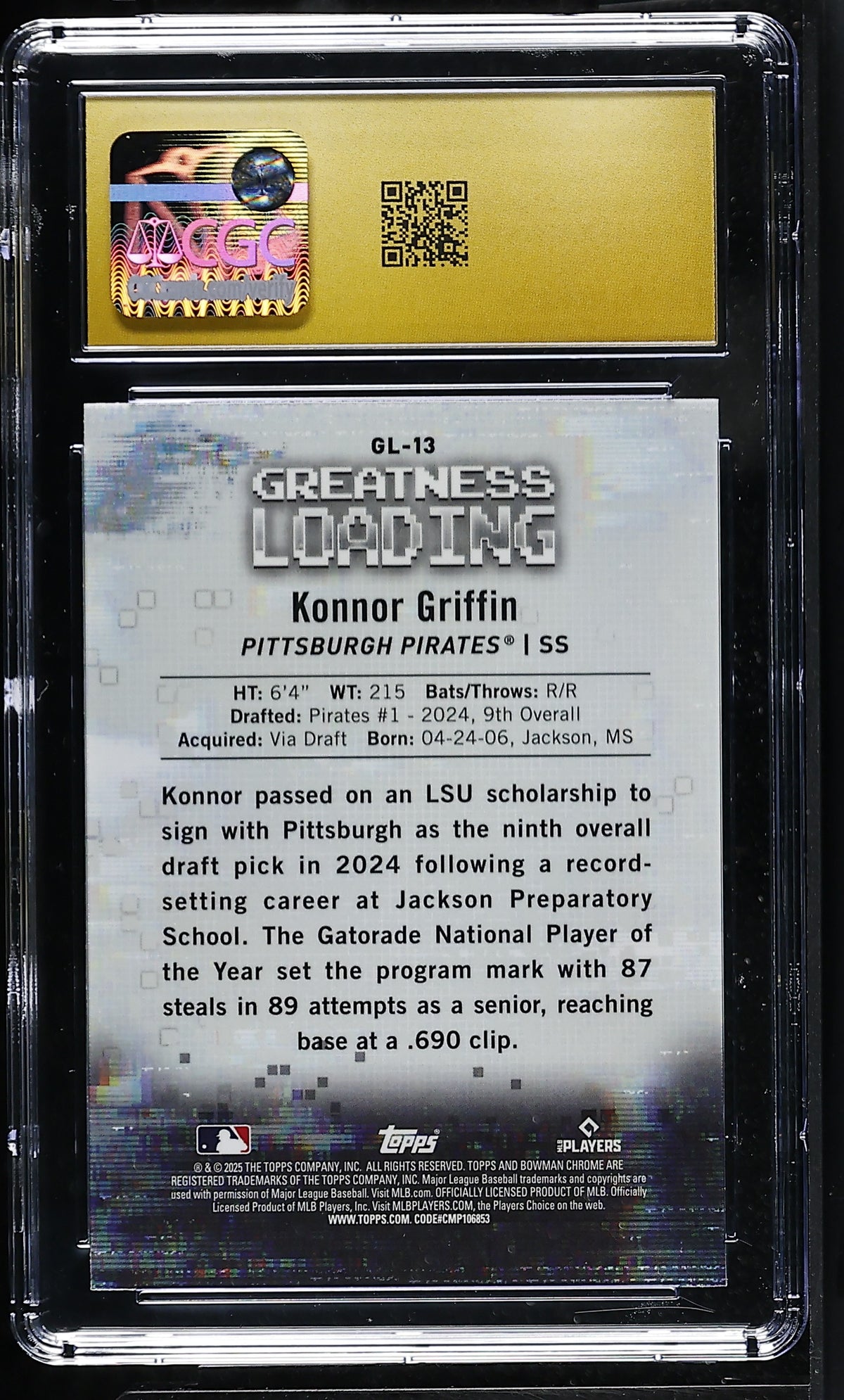2025 Bowman Konnor Griffin Rookie Greatness Loading #13 CGC 10 Pristine Pirates