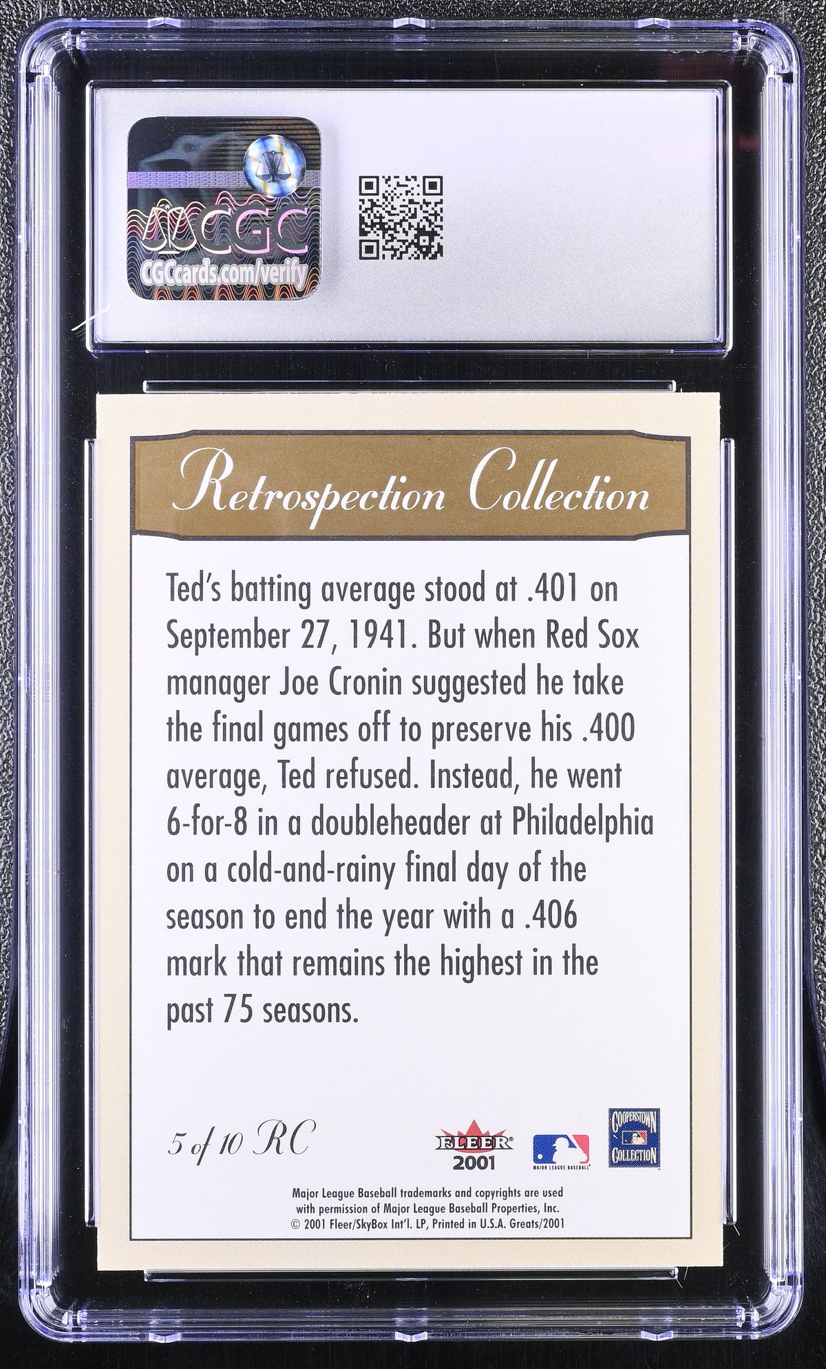 2001 Fleer Greats Of The Game Ted Williams Retrospective #5RC CGC 9.5 Red Sox