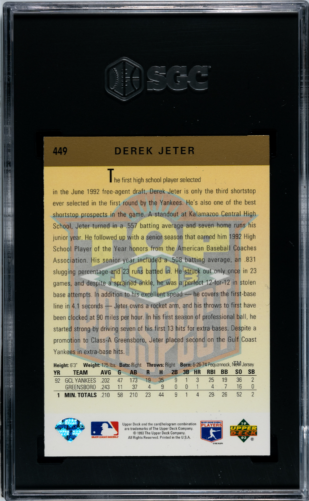 1993 Upper Deck Derek Jeter Rookie #449 SGC 9 New York Yankees