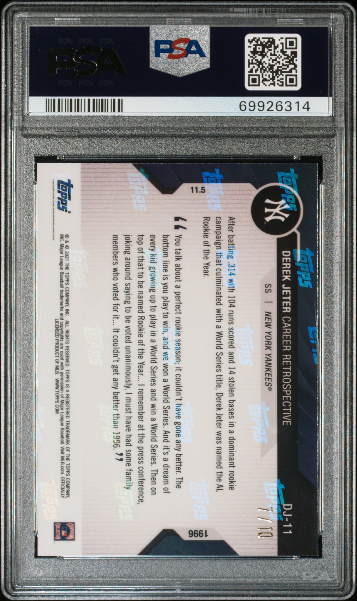 2020 Topps Now Chrome Derek Jeter Retrospective Red /10 #DJ11 PSA 9 Yankees