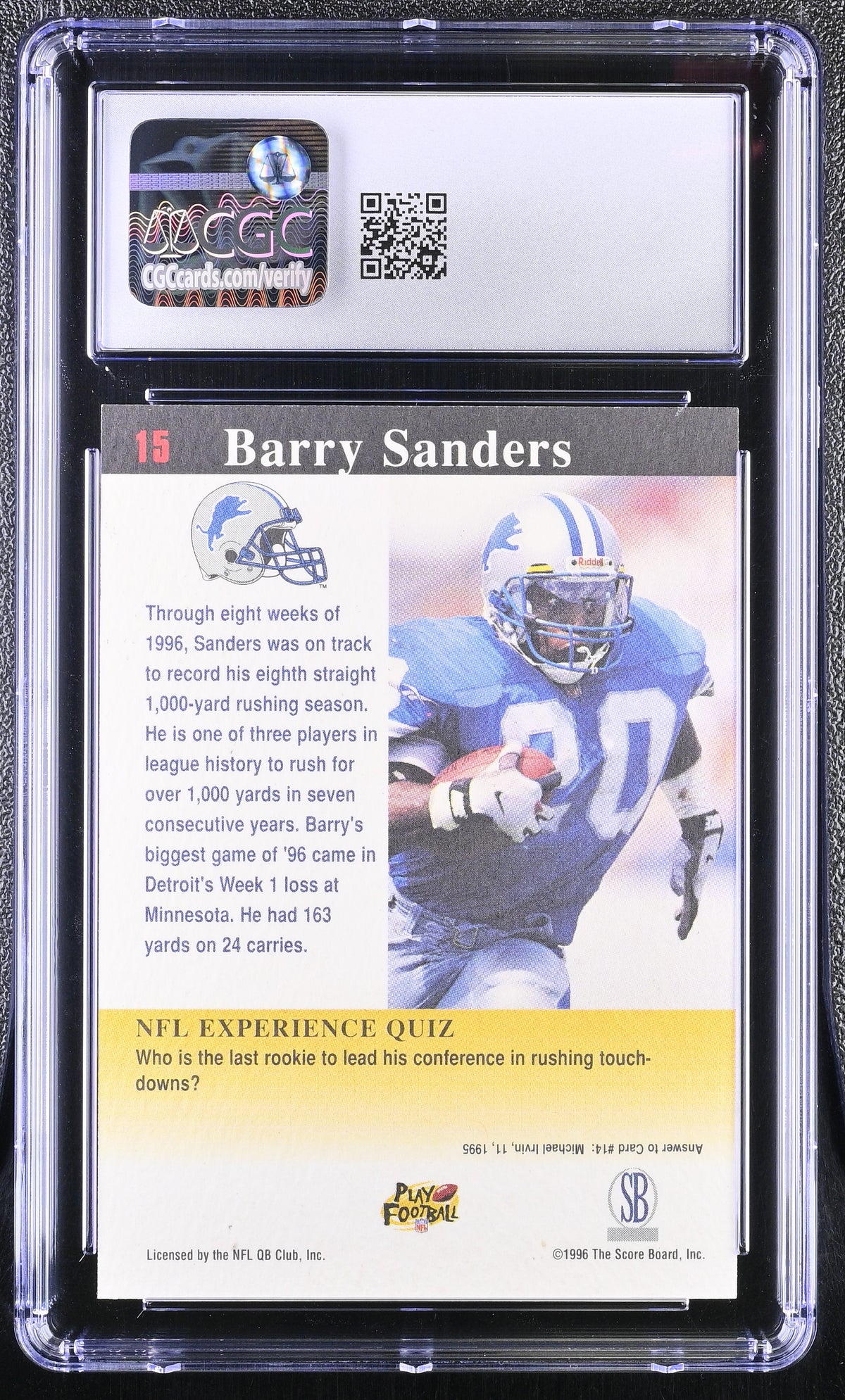1996 Score Board Barry Sanders #15 CGC 10 Detroit Lions