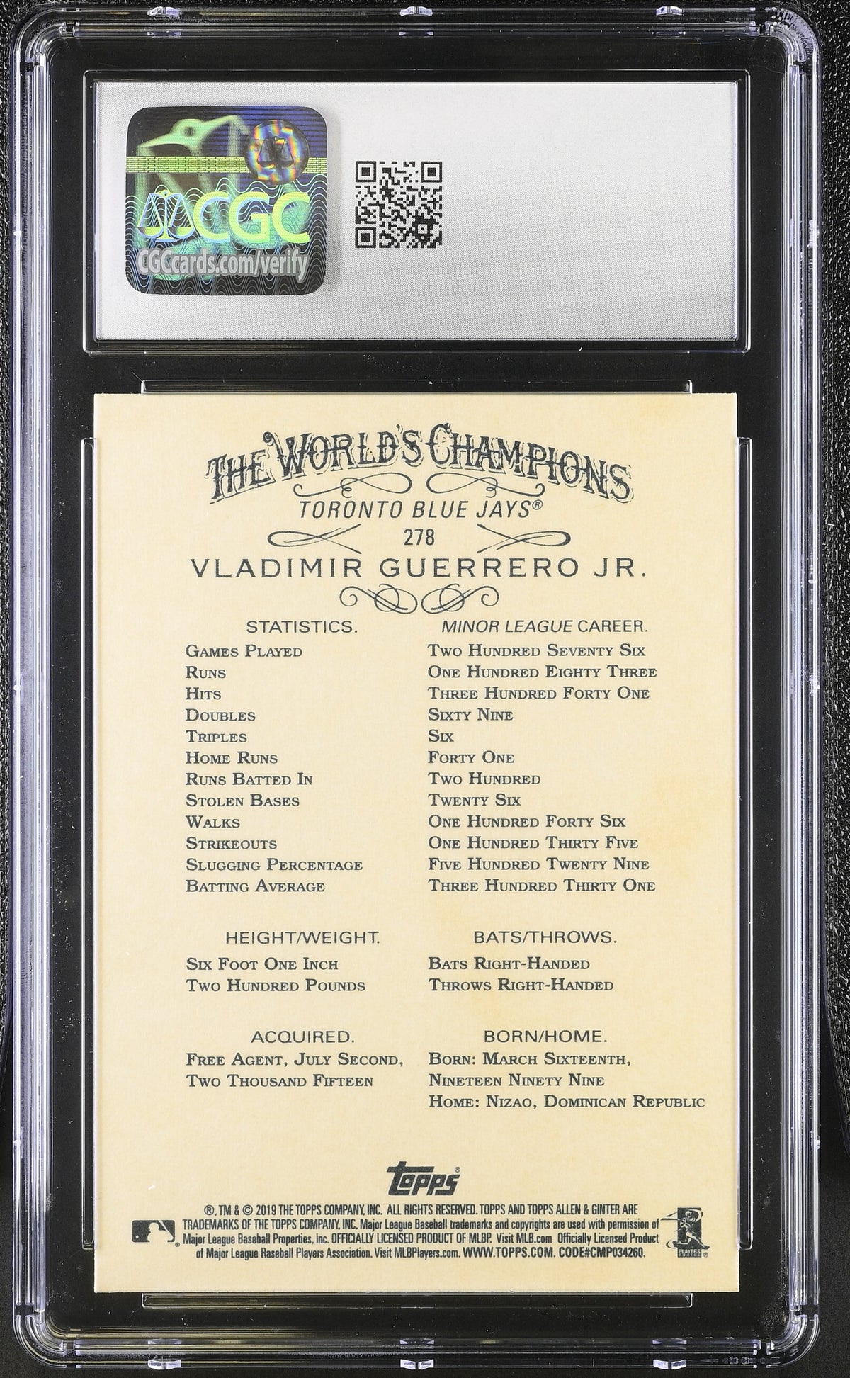 2019 Topps Allen & Ginter Vladimir Guerrero Jr. Rookie #278 CGC 10 Blue Jays