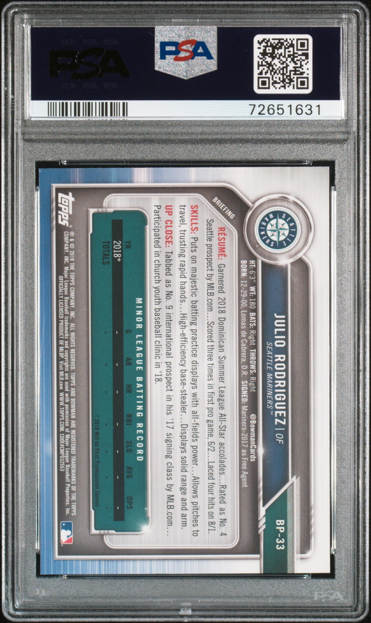 2019 Bowman Paper Prospects Julio Rodriguez Rookie #BP33 PSA 9 Seattle Mariners