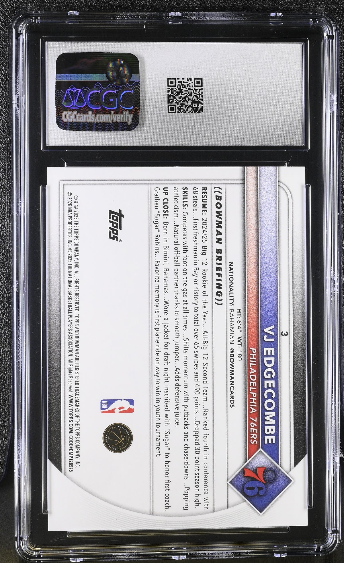 2025-26 Bowman VJ Edgecombe Rookie #3 CGC 10 Philadelphia 76ers
