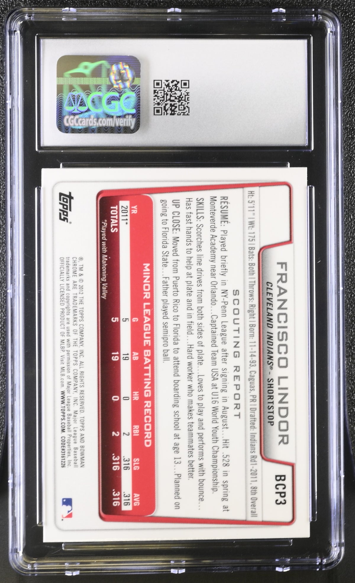 2012 Bowman Francisco Lindor Chrome Prospects #BCP3 CGC 9