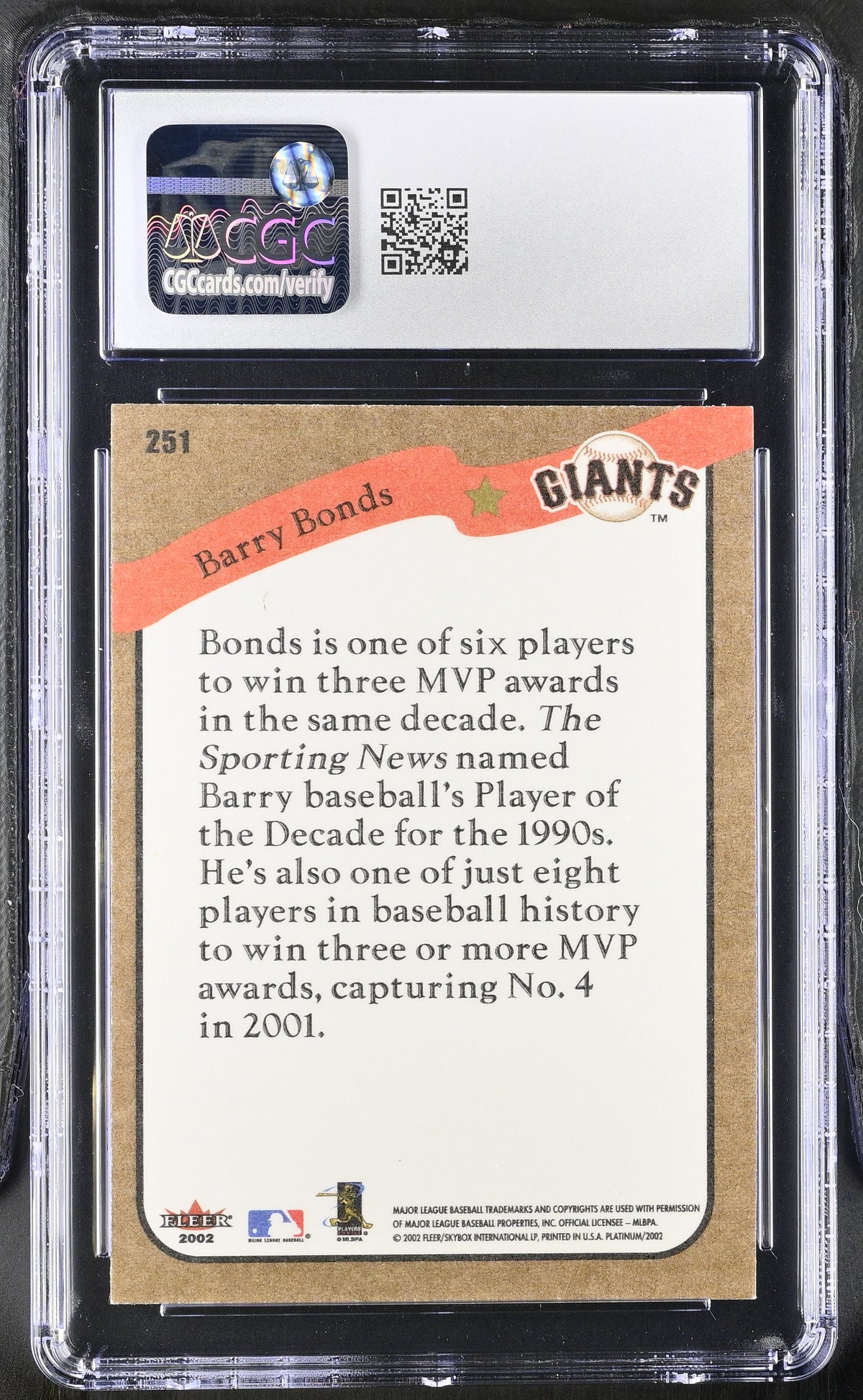 2002 Fleer Platinum Barry Bonds #251 CGC 10 San Francisco Giants