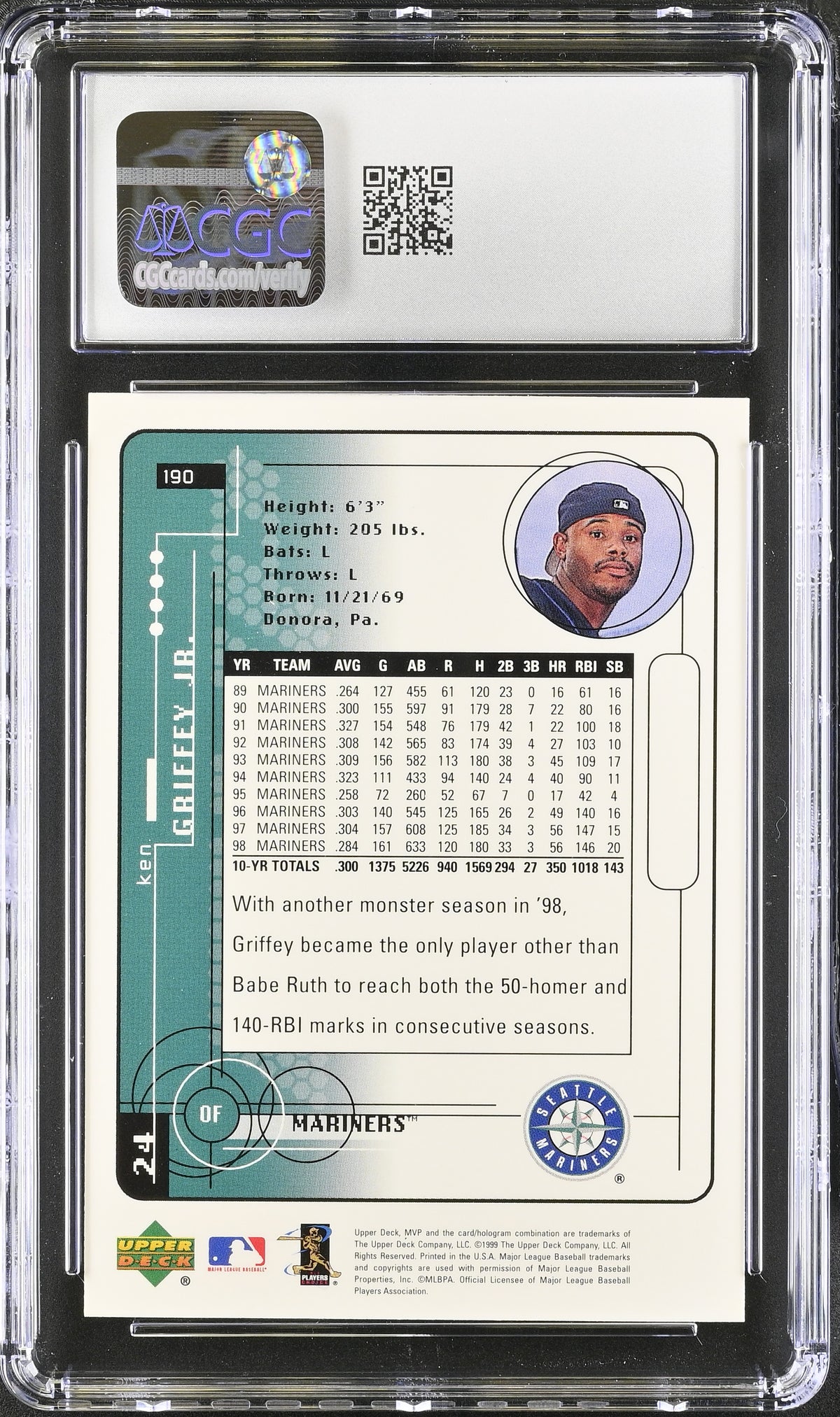 1999 Upper Deck MVP Ken Griffey Jr. #190 CGC 9