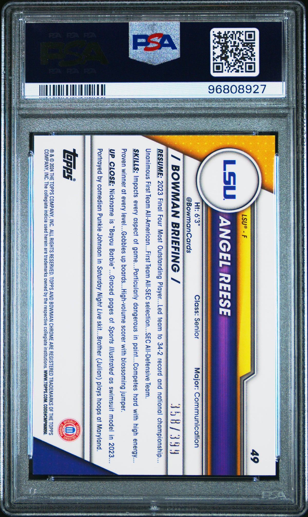 2023 Bowman University Chrome Angel Reese Purple Diamond /399 Rookie PSA 9 LSU