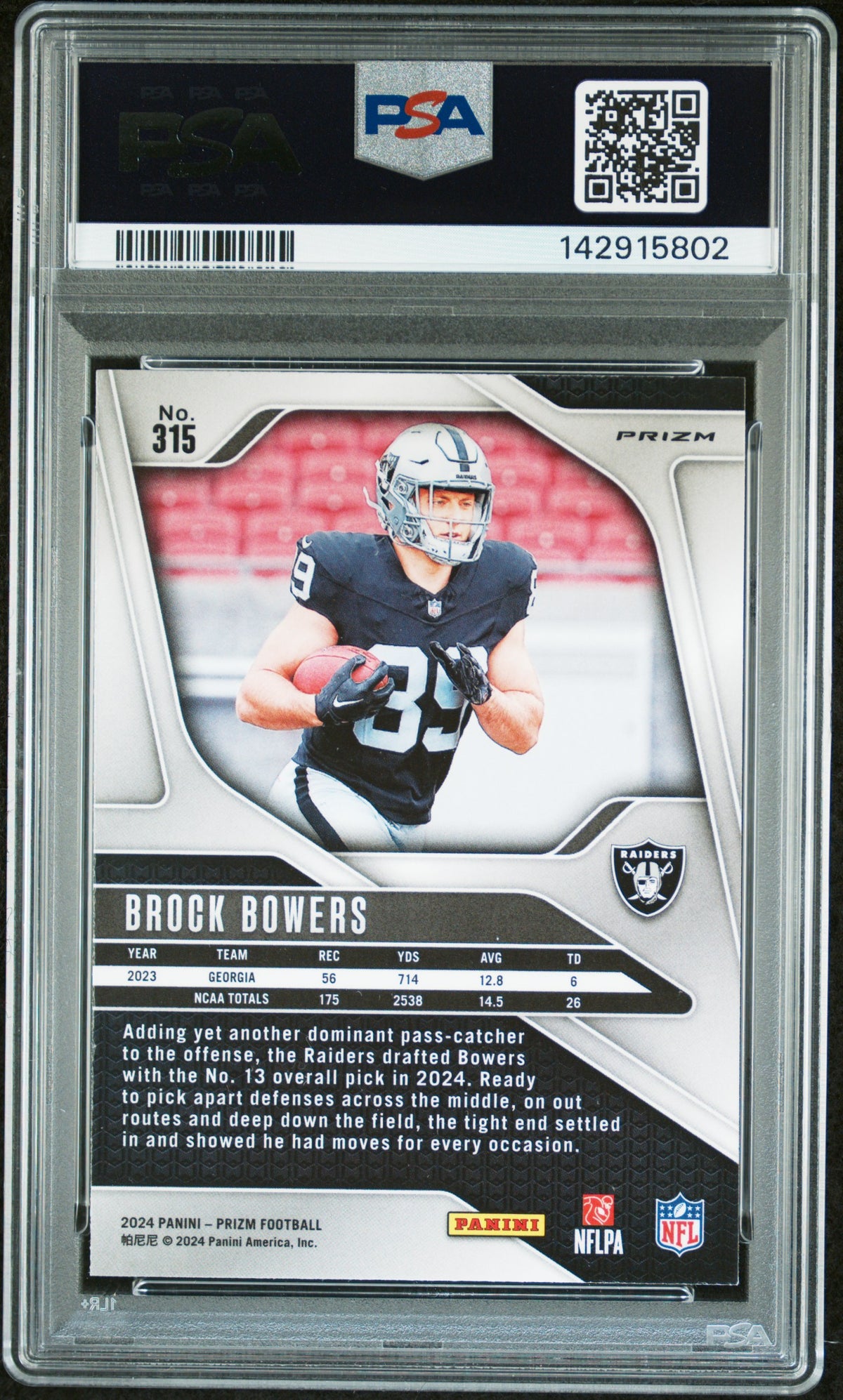 2024 Panini Prizm Brock Bowers Pink Rookie #315 PSA 9 Las Vegas Raiders