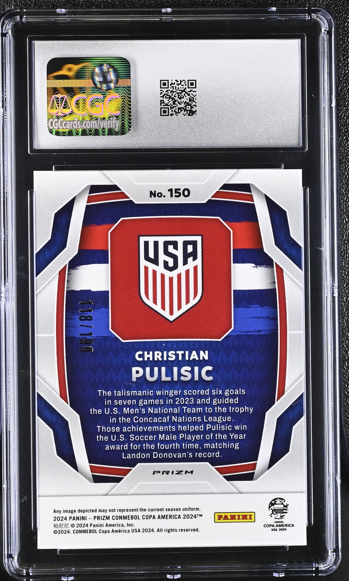 2024 Panini Prizm Copa America Christian Pulisic Red /199 #150 CGC 10 uSA