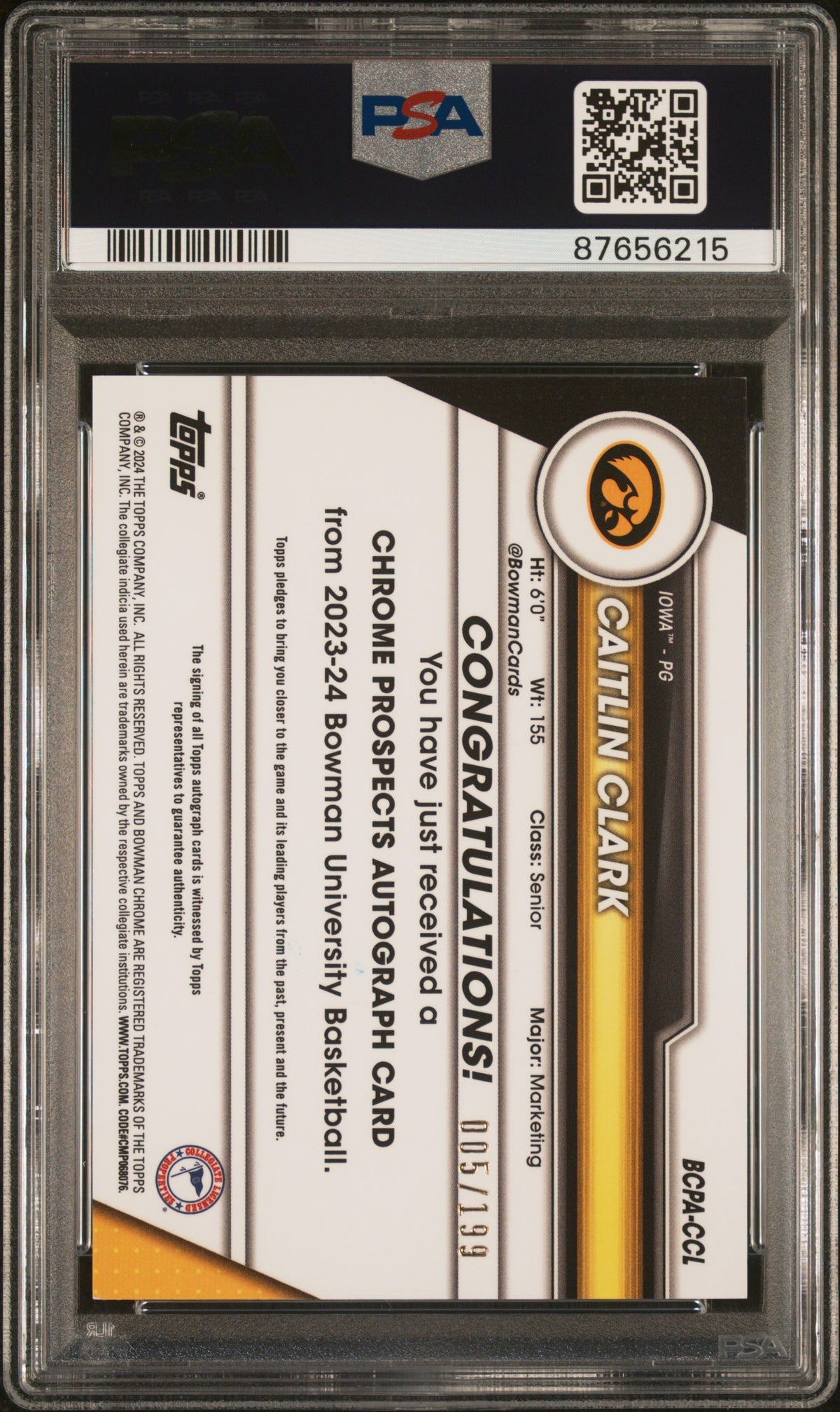 2023 Bowman University Chrome Bowman Auto Caitlin Clark Lava /199 Rookie PSA 9