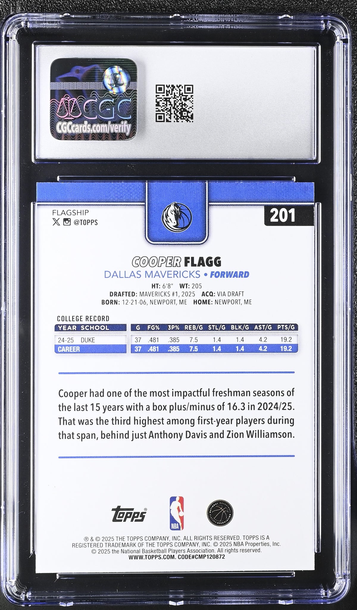 2025-26 Topps Cooper Flagg Rookie #201 CGC 9.5 Dallas Mavericks
