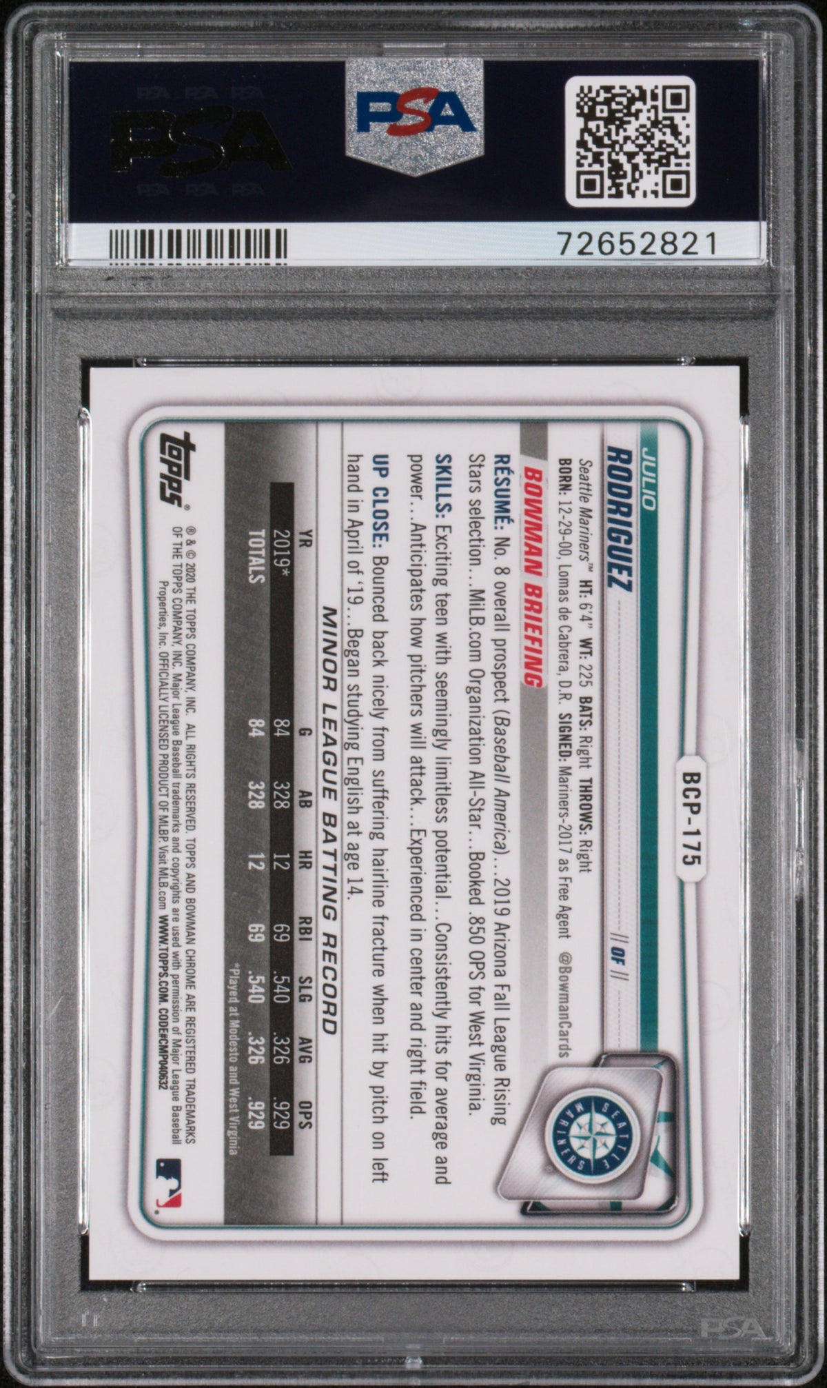 2020 Bowman Chrome Julio Rodriguez Purple Shimmer Rookie #BCP175 PSA 9 Mariners