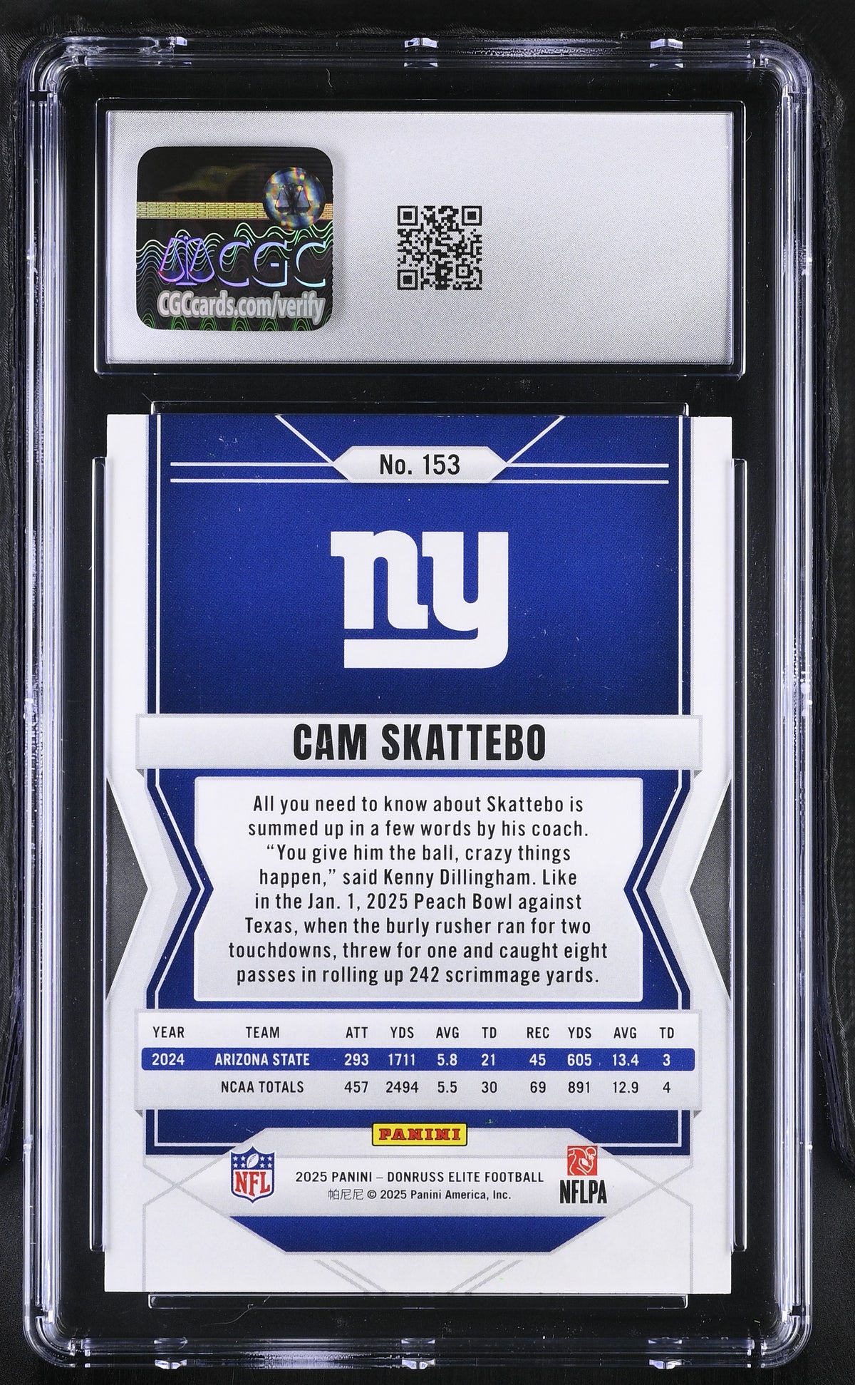 2025 Donruss Elite Cam Skattebo Aspirations Lime Green /999 Rookie #153 CGC 9