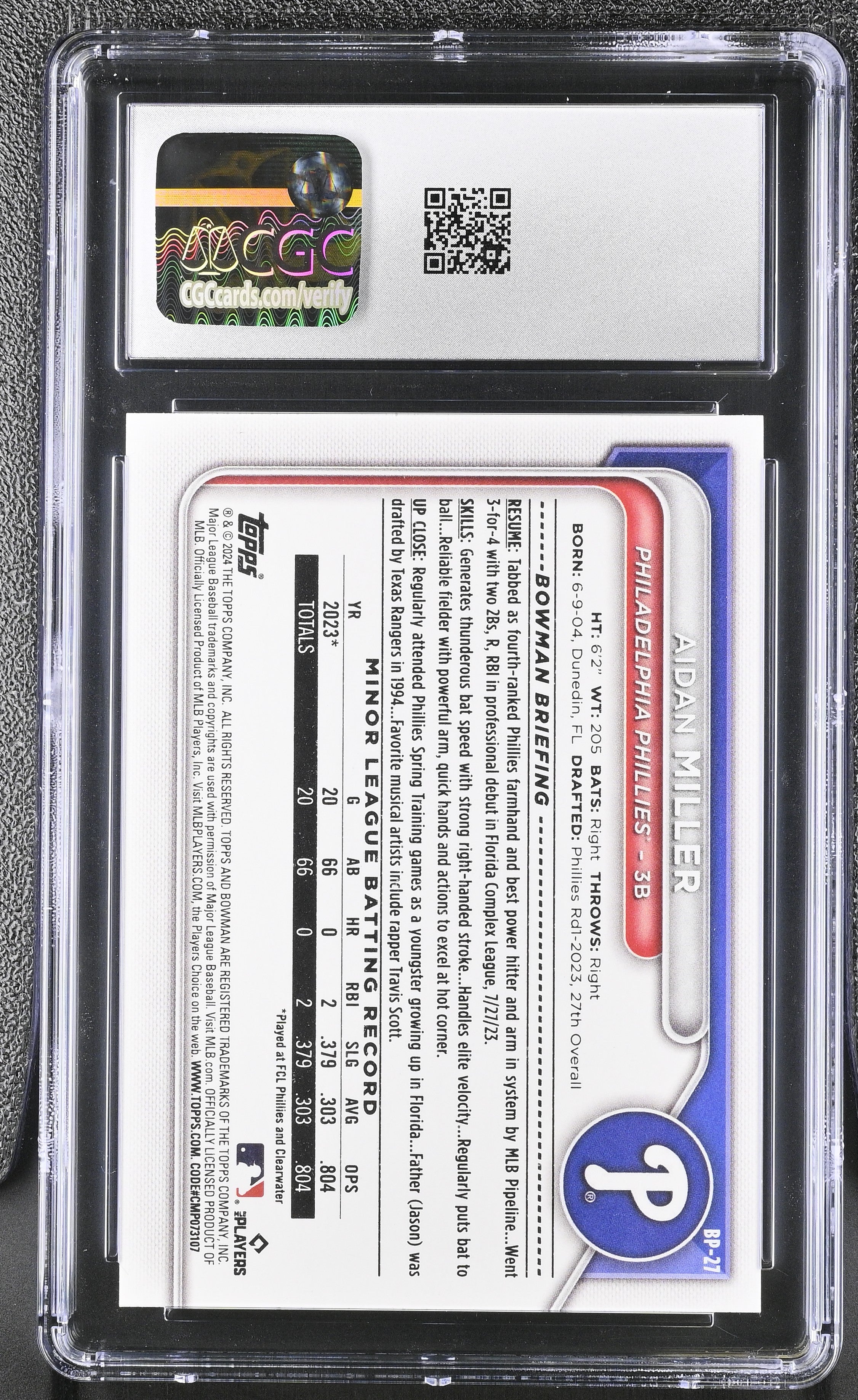 2024 Bowman Aidan Miller #BP-27 Prospects CGC 10