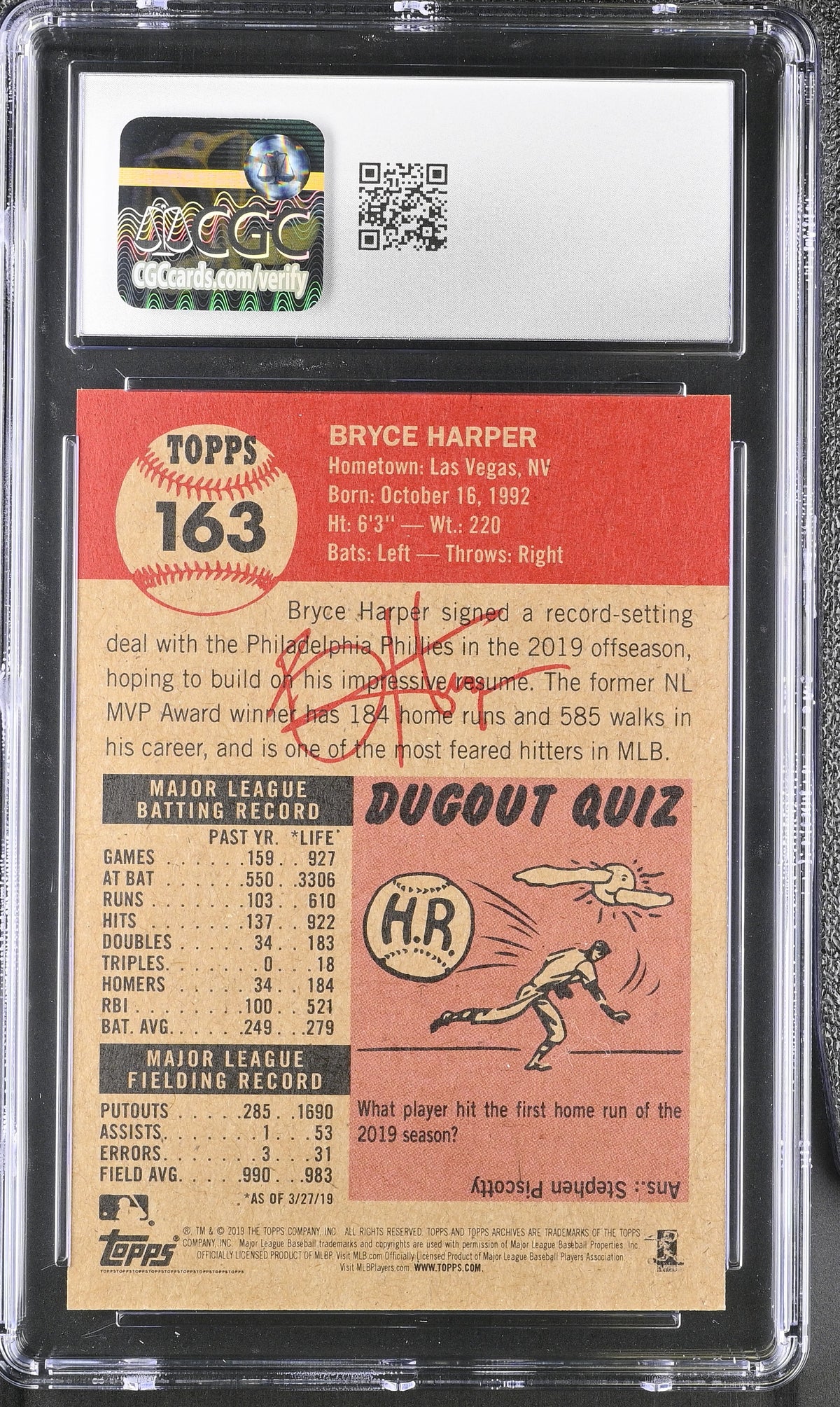 2019 Topps Living Set Bryce Harper #163 CGC 10 Philadelphia Phillies