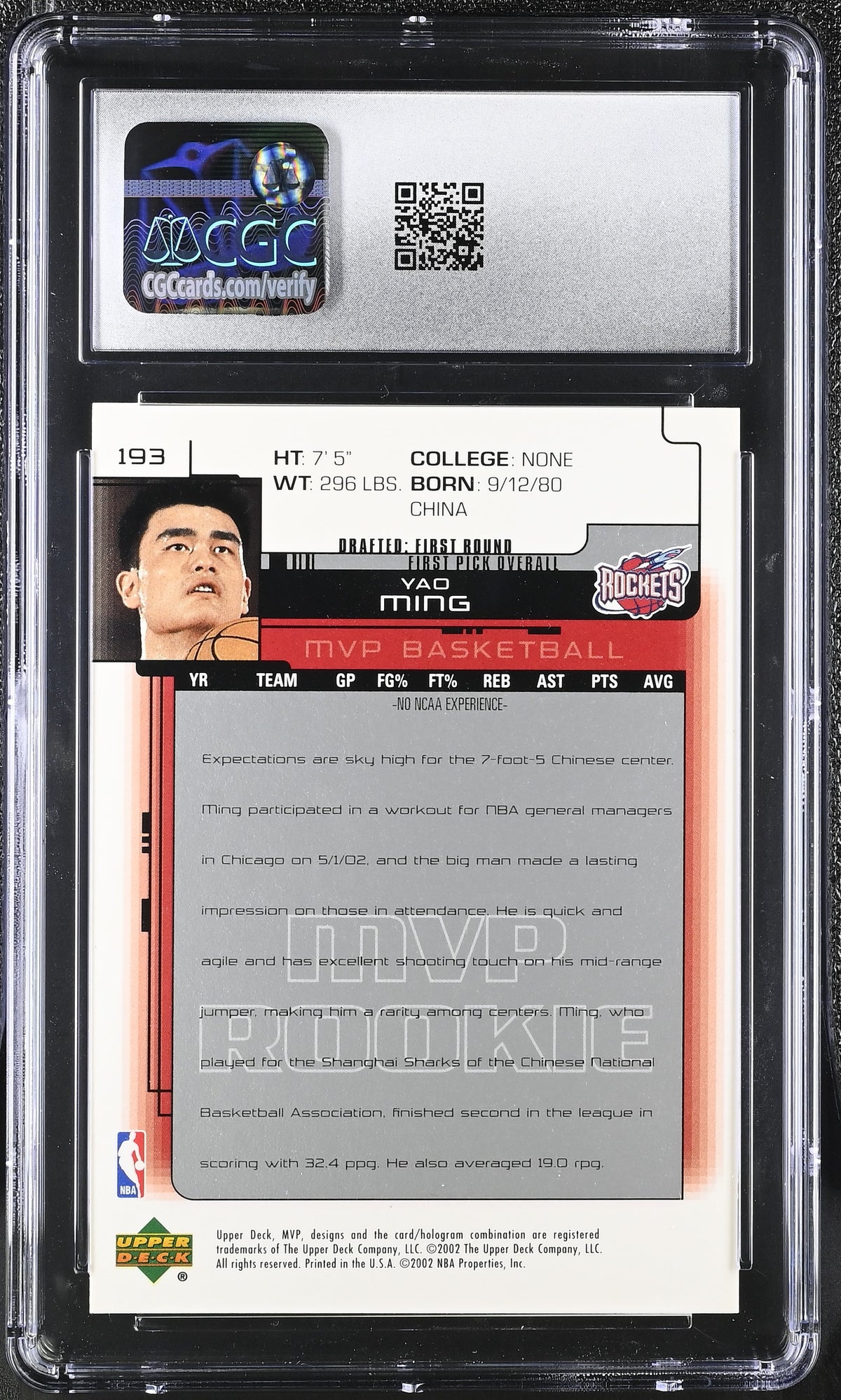 2002-03 Upper Deck MVP Yao Ming #193 CGC 9