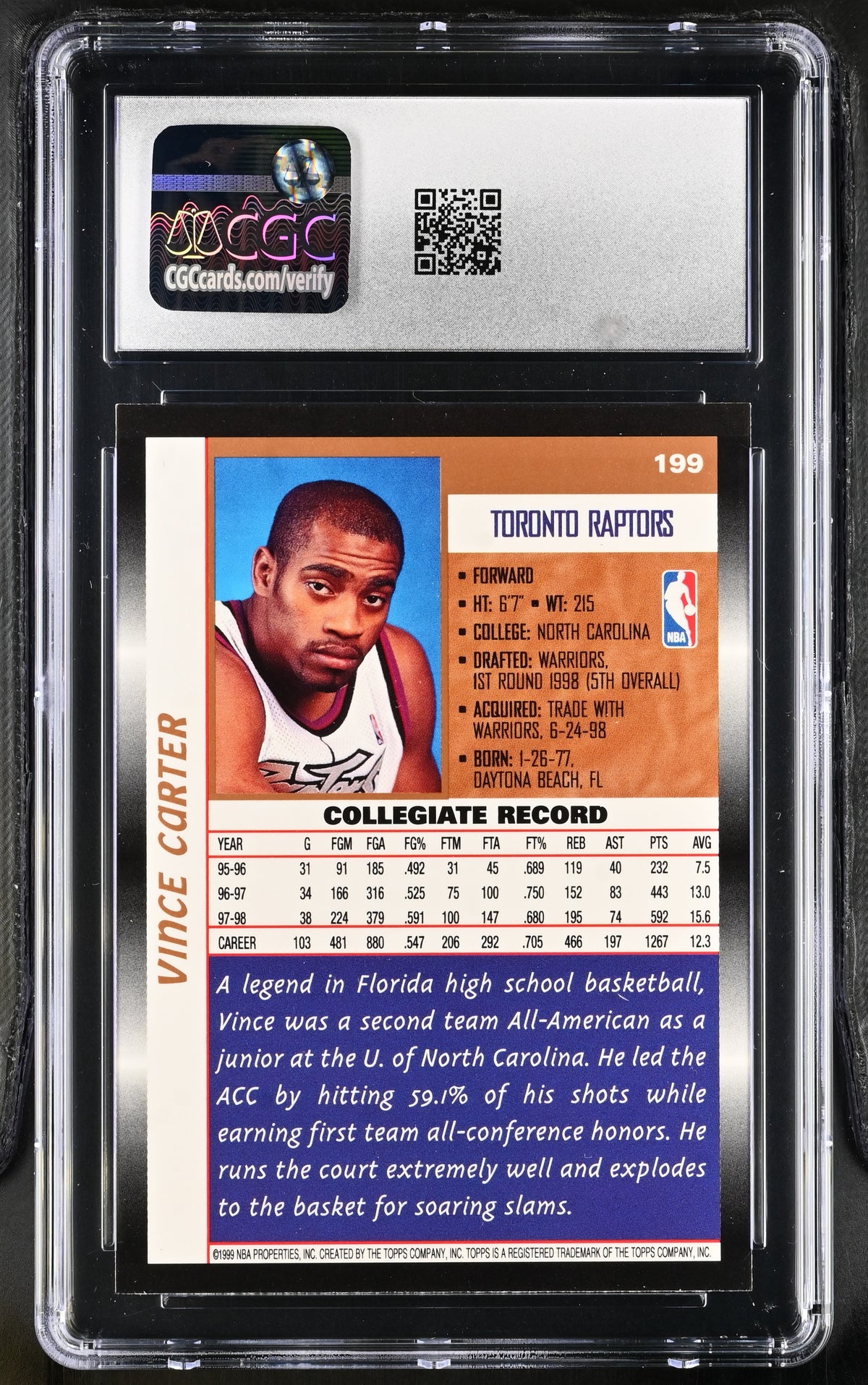 1998-99 Topps Vince Carter Rookie #199 CGC 9.5 Toronto Raptors