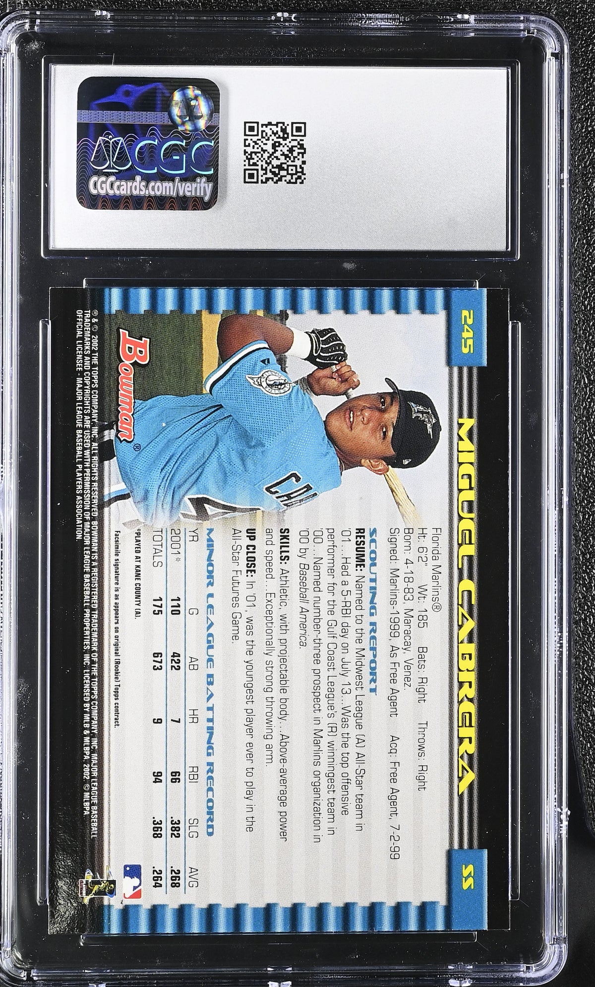 2002 Bowman Miguel Cabrera Rookie #245 CGC 10 Florida Marlins
